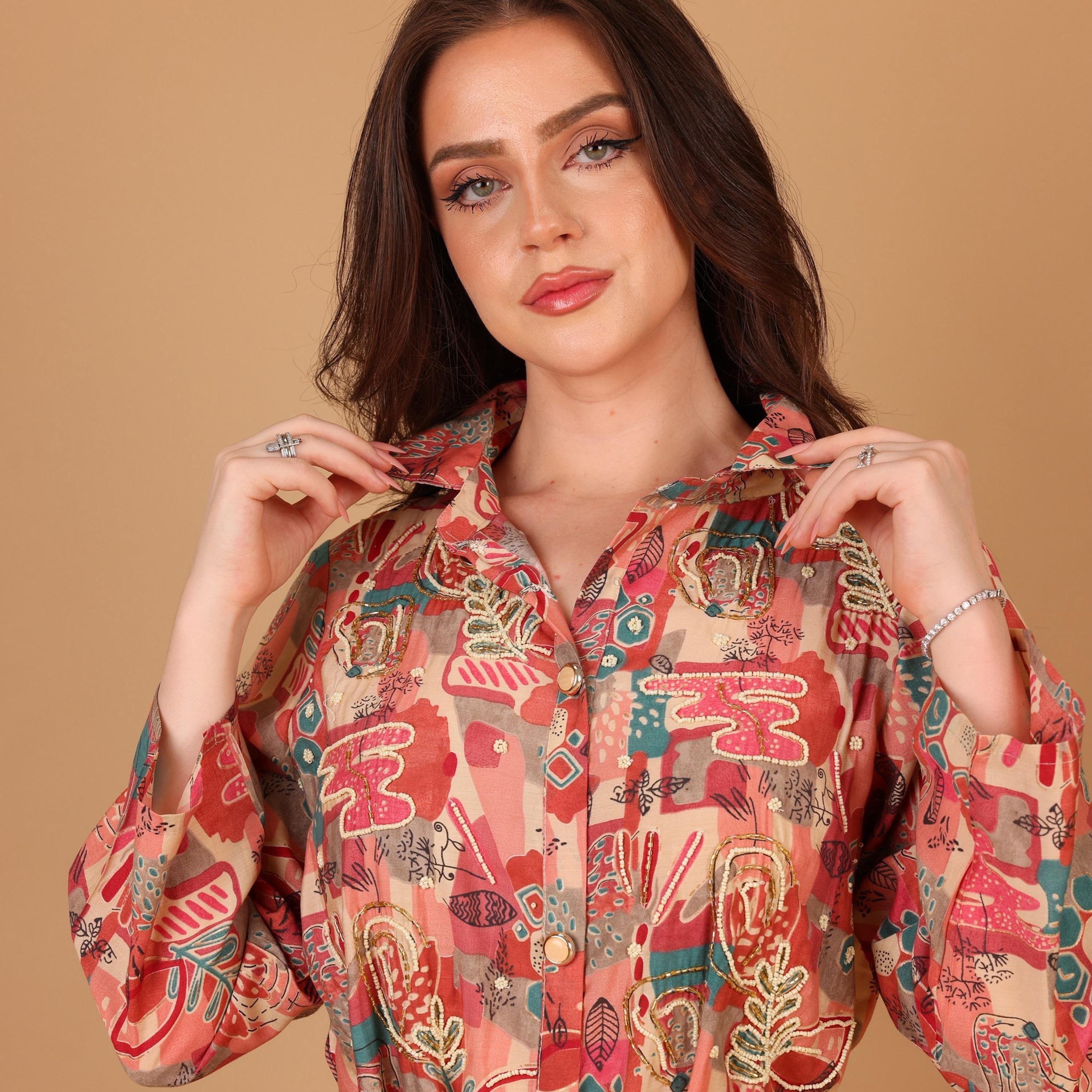 IKKXA Printed & Beaded Collared Women's Shirt Style Jalabiya-women-arabicclothing-jalabiyas-image-3