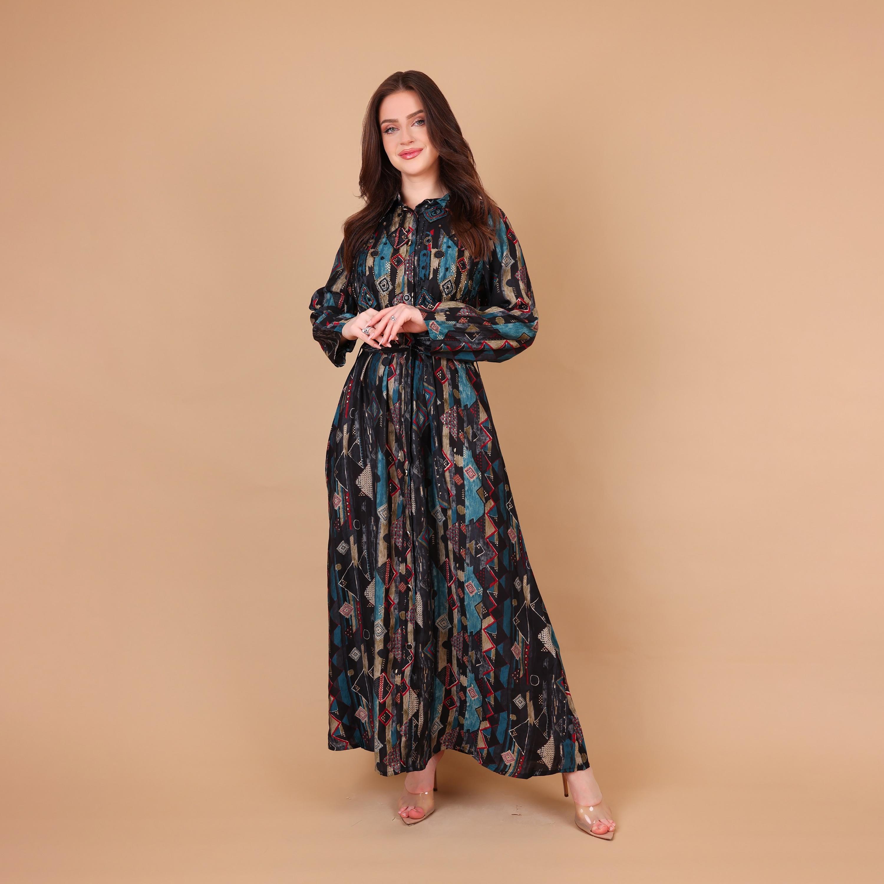 IKKXA Geometric Print & Beaded Collared Women's Shirt Style Jalabiya-women-arabicclothing-jalabiyas-image-1