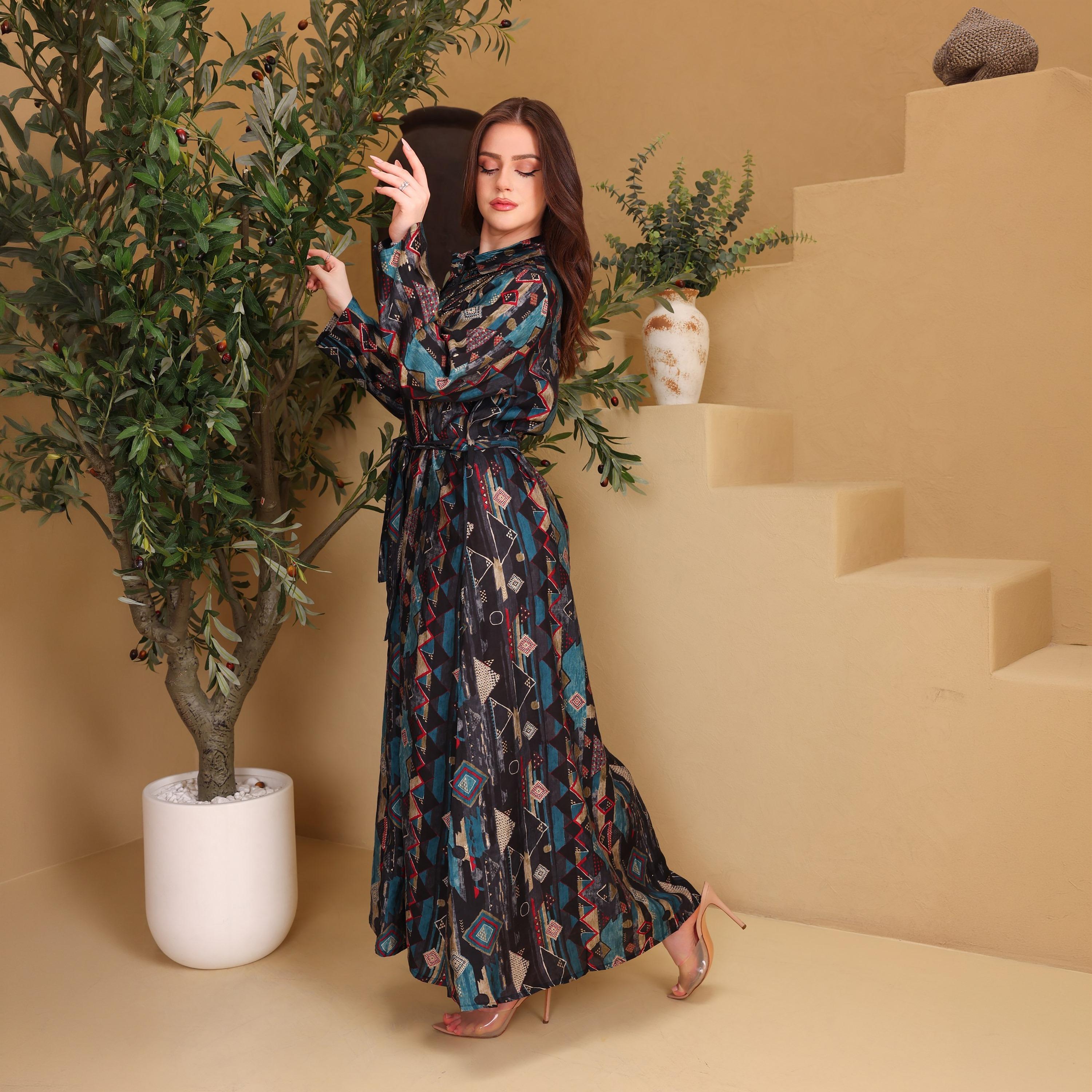IKKXA Geometric Print & Beaded Collared Women's Shirt Style Jalabiya-women-arabicclothing-jalabiyas-image-2