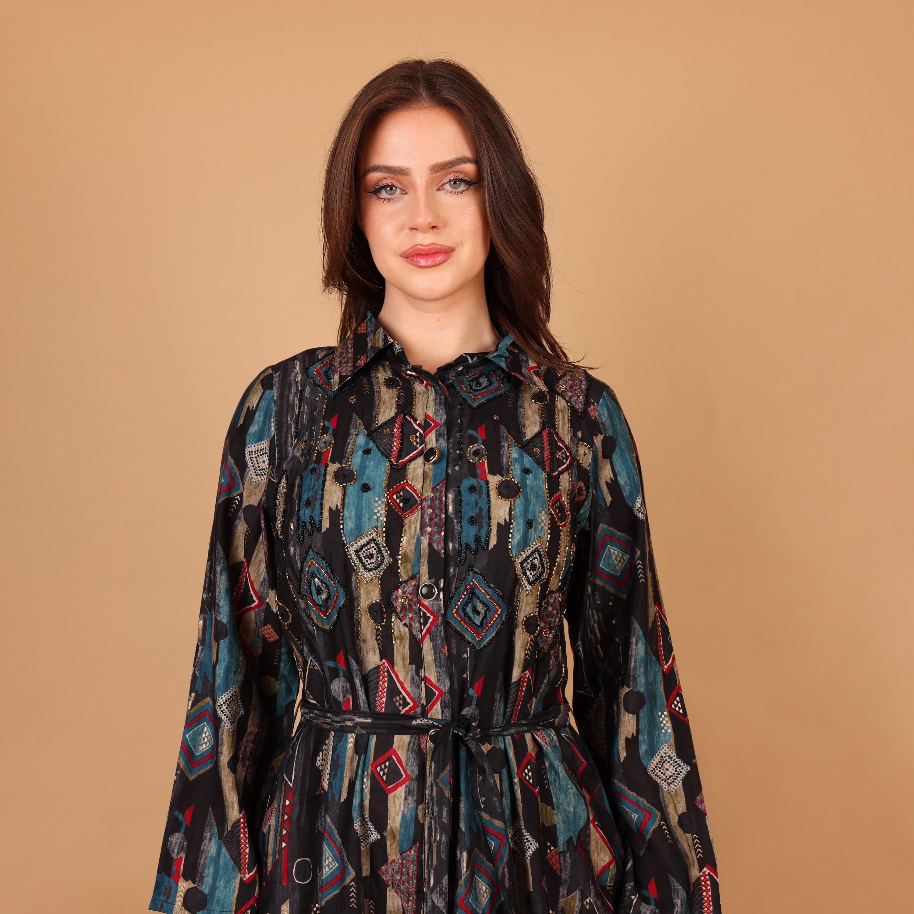 IKKXA Geometric Print & Beaded Collared Women's Shirt Style Jalabiya-women-arabicclothing-jalabiyas-image-3
