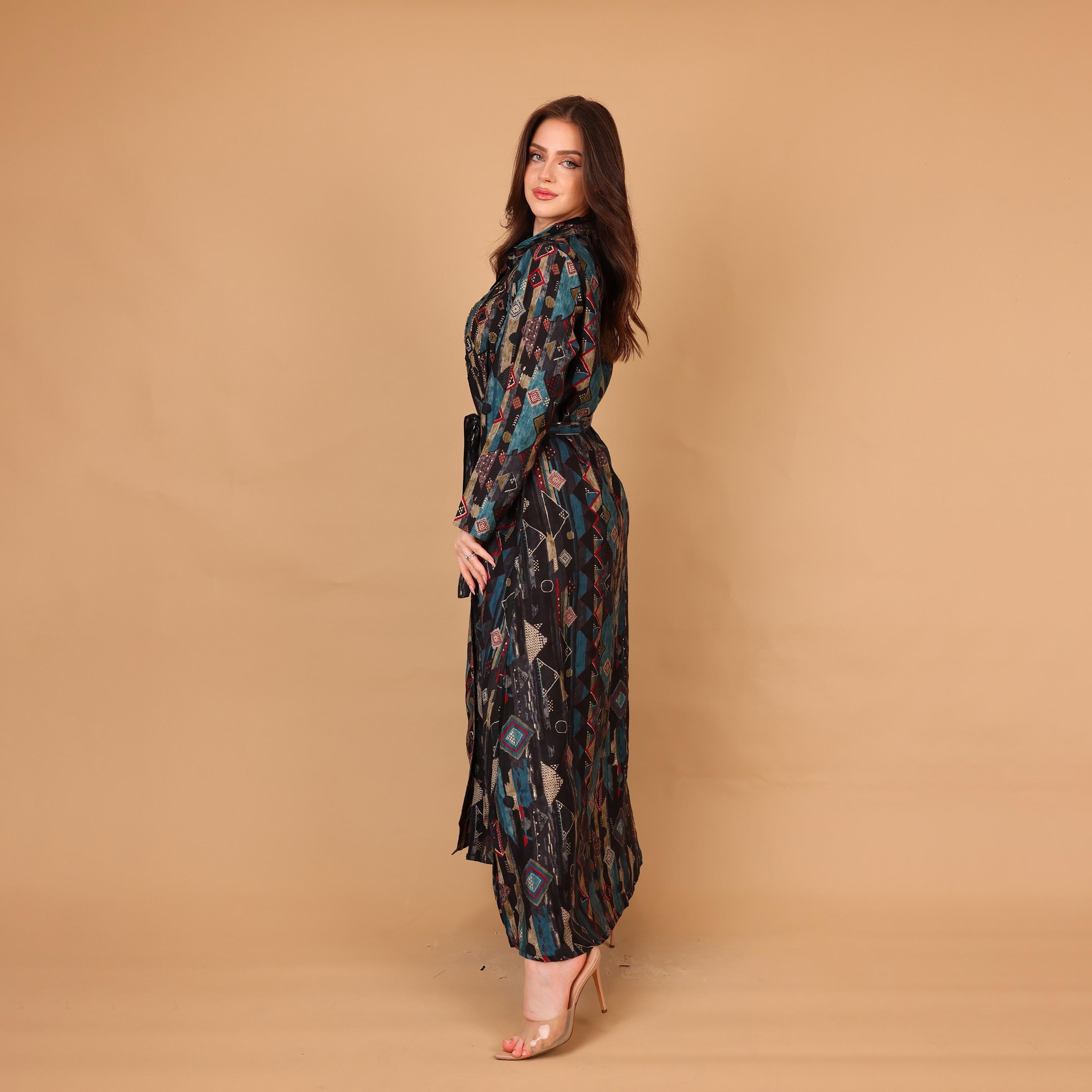 IKKXA Geometric Print & Beaded Collared Women's Shirt Style Jalabiya-women-arabicclothing-jalabiyas-image-4
