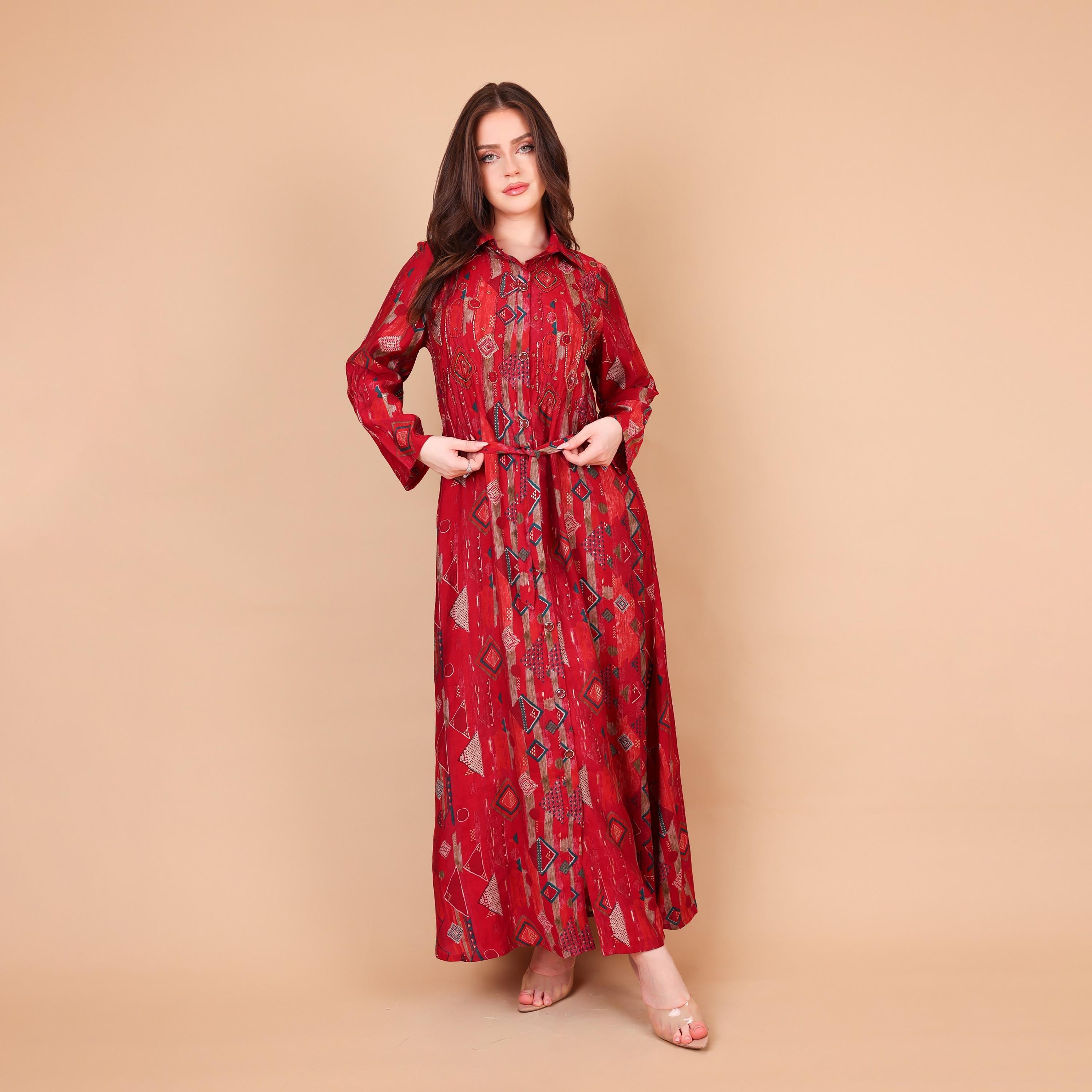 IKKXA Geometric Print & Beaded Collared Women's Shirt Style Jalabiya-women-arabicclothing-jalabiyas-image-1