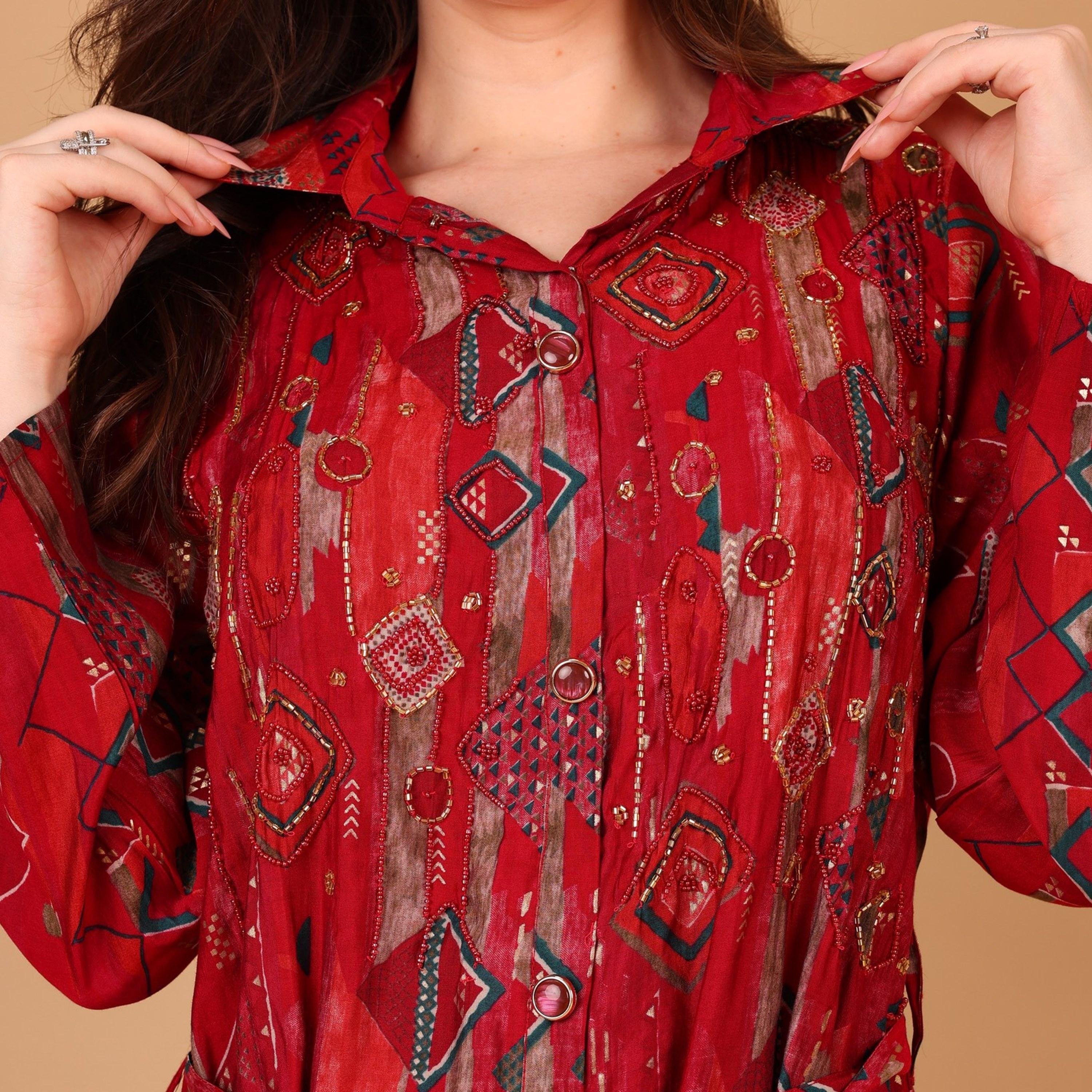 IKKXA Geometric Print & Beaded Collared Women's Shirt Style Jalabiya-women-arabicclothing-jalabiyas-image-2