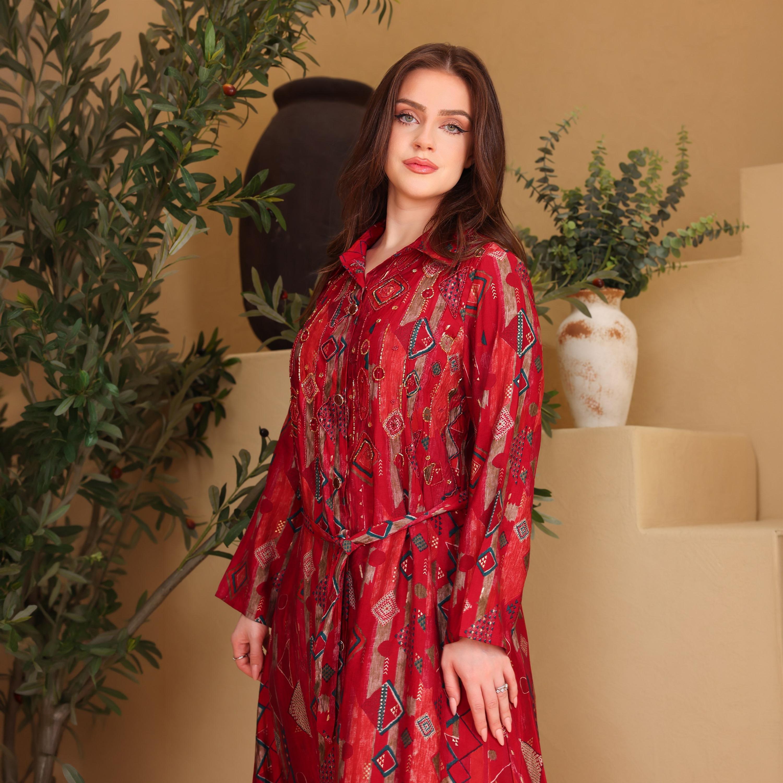 IKKXA Geometric Print & Beaded Collared Women's Shirt Style Jalabiya-women-arabicclothing-jalabiyas-image-3