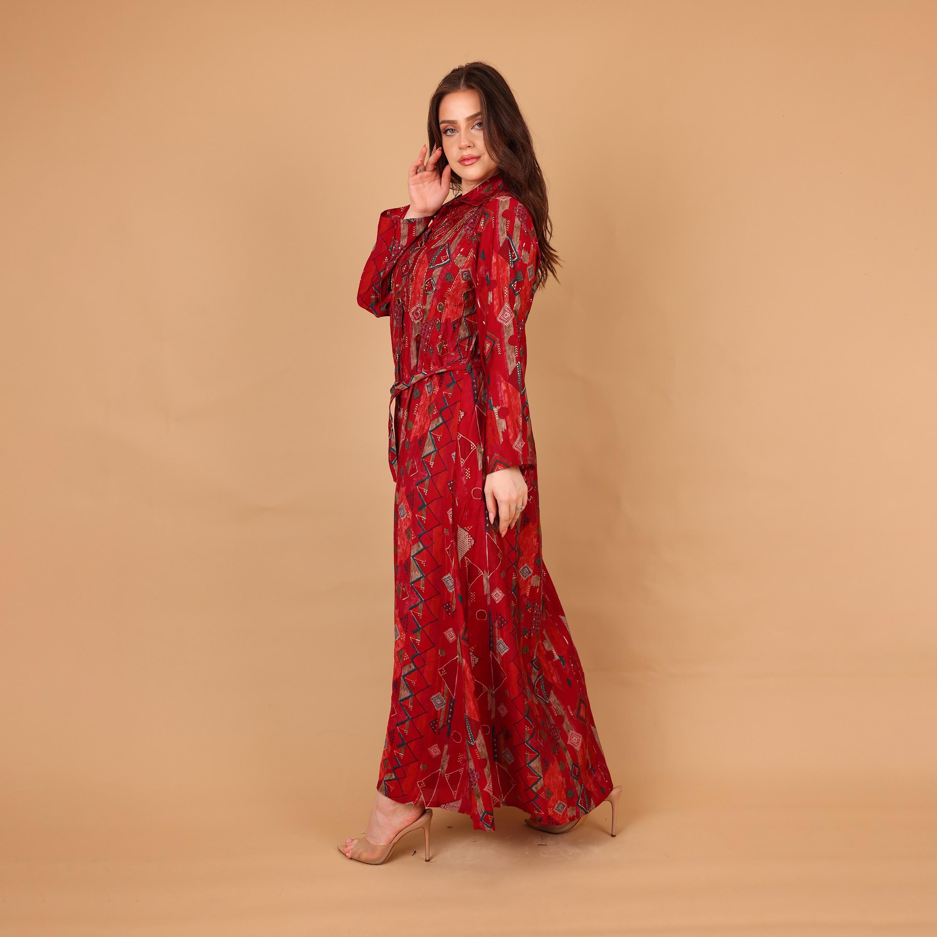 IKKXA Geometric Print & Beaded Collared Women's Shirt Style Jalabiya-women-arabicclothing-jalabiyas-image-4