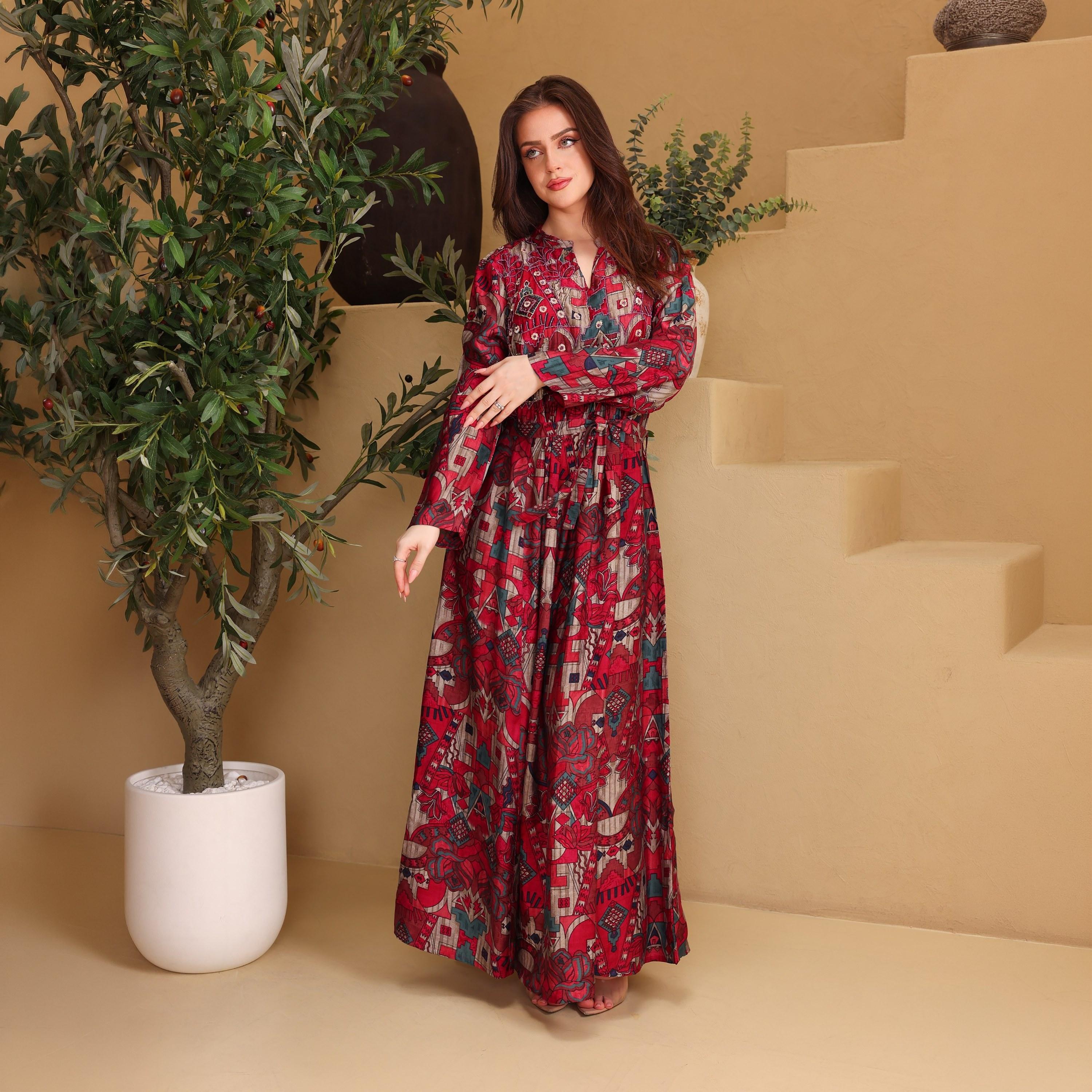 IKKXA Geometric Print & Beaded Mandarin Collar Women's Fit and Flared Jalabiya-women-arabicclothing-jalabiyas-image-1