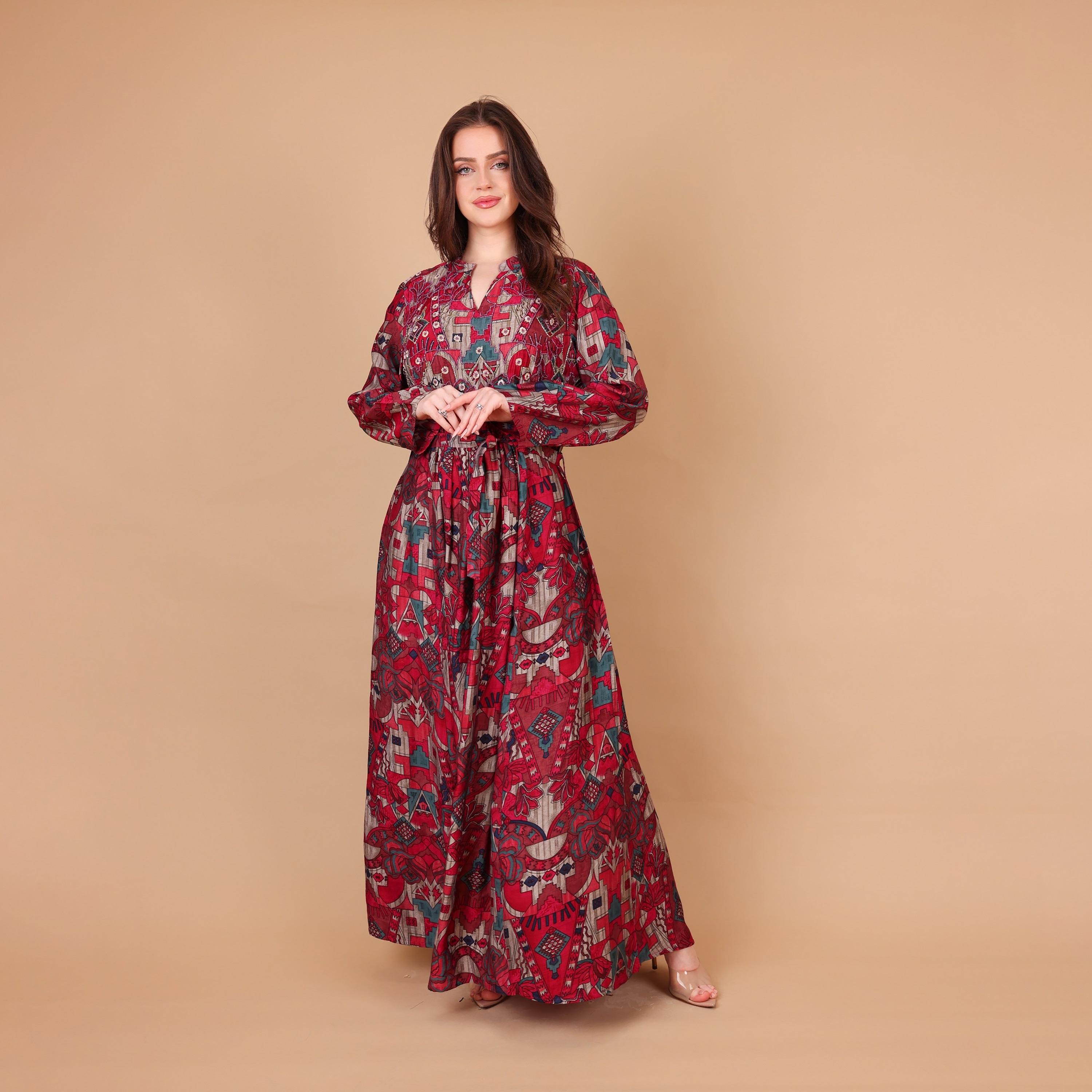 IKKXA Geometric Print & Beaded Mandarin Collar Women's Fit and Flared Jalabiya-women-arabicclothing-jalabiyas-image-2