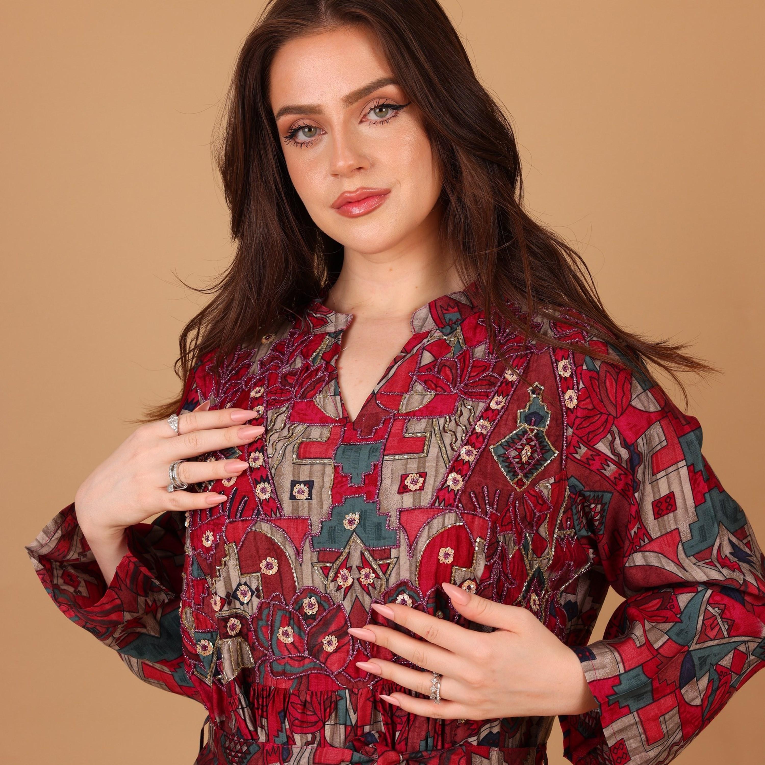 IKKXA Geometric Print & Beaded Mandarin Collar Women's Fit and Flared Jalabiya-women-arabicclothing-jalabiyas-image-3
