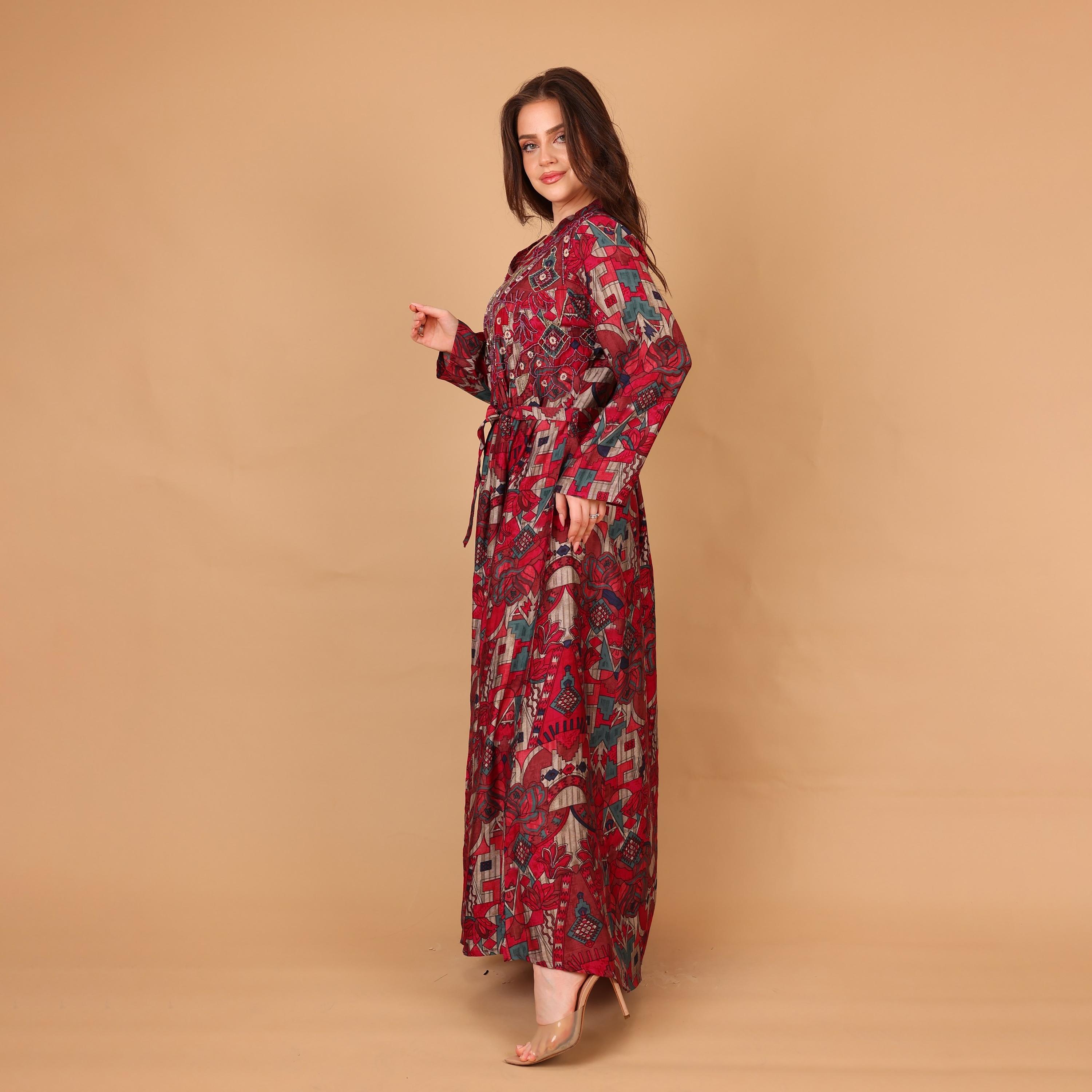 IKKXA Geometric Print & Beaded Mandarin Collar Women's Fit and Flared Jalabiya-women-arabicclothing-jalabiyas-image-4