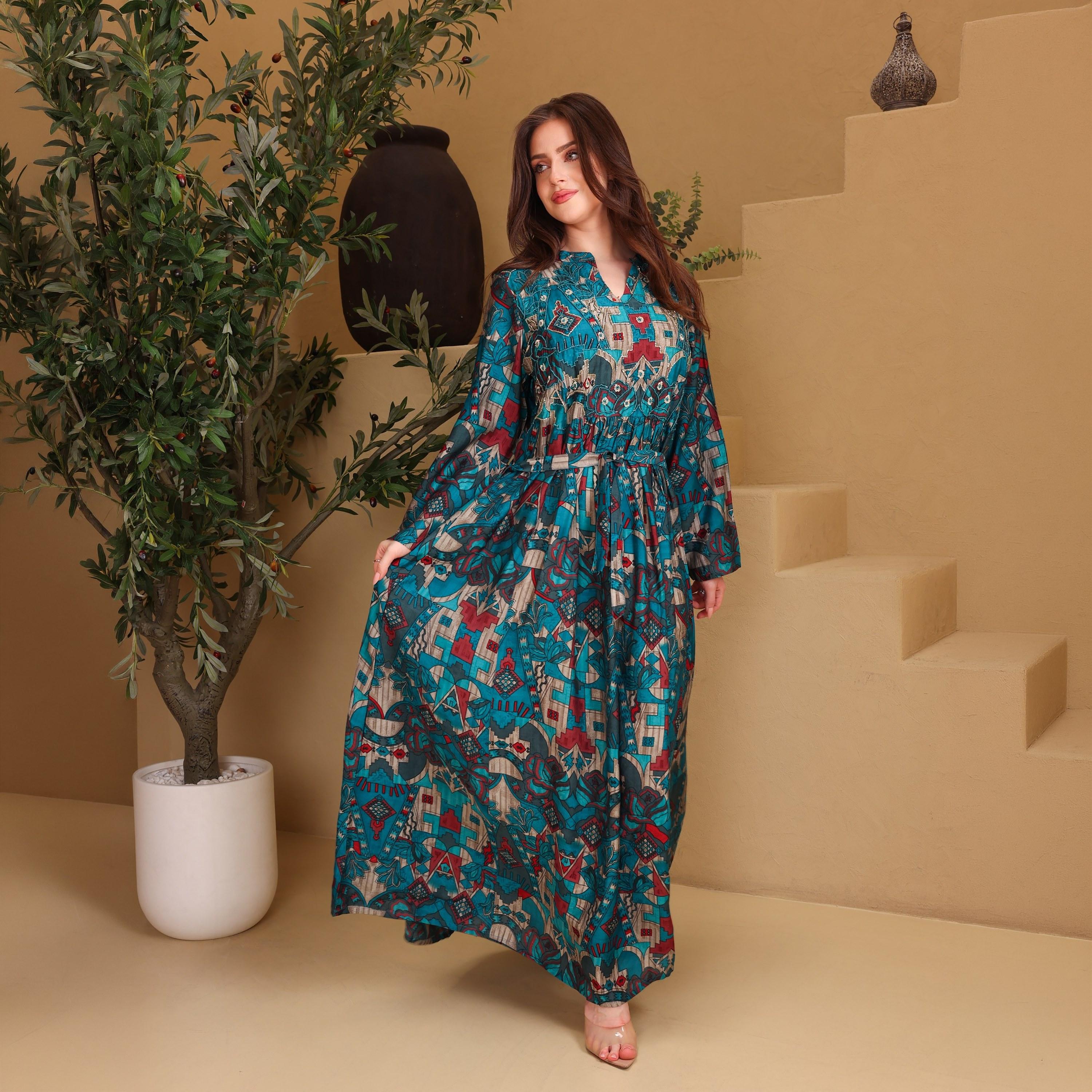 IKKXA Geometric Print & Beaded Mandarin Collar Women's Fit and Flared Jalabiya-women-arabicclothing-jalabiyas-image-1