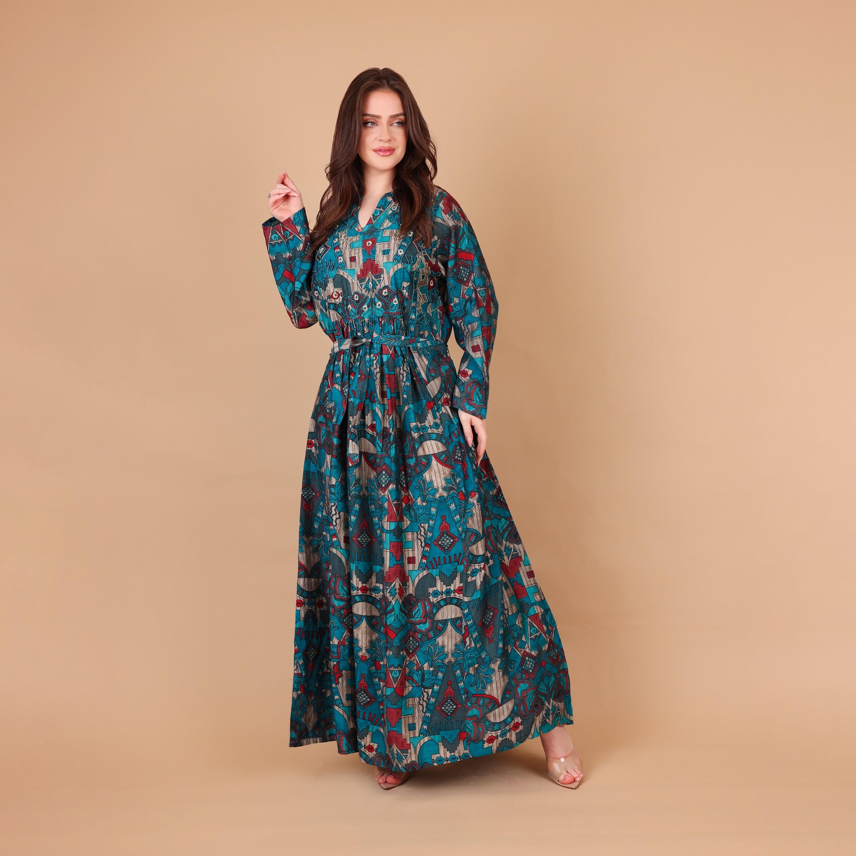 IKKXA Geometric Print & Beaded Mandarin Collar Women's Fit and Flared Jalabiya-women-arabicclothing-jalabiyas-image-2