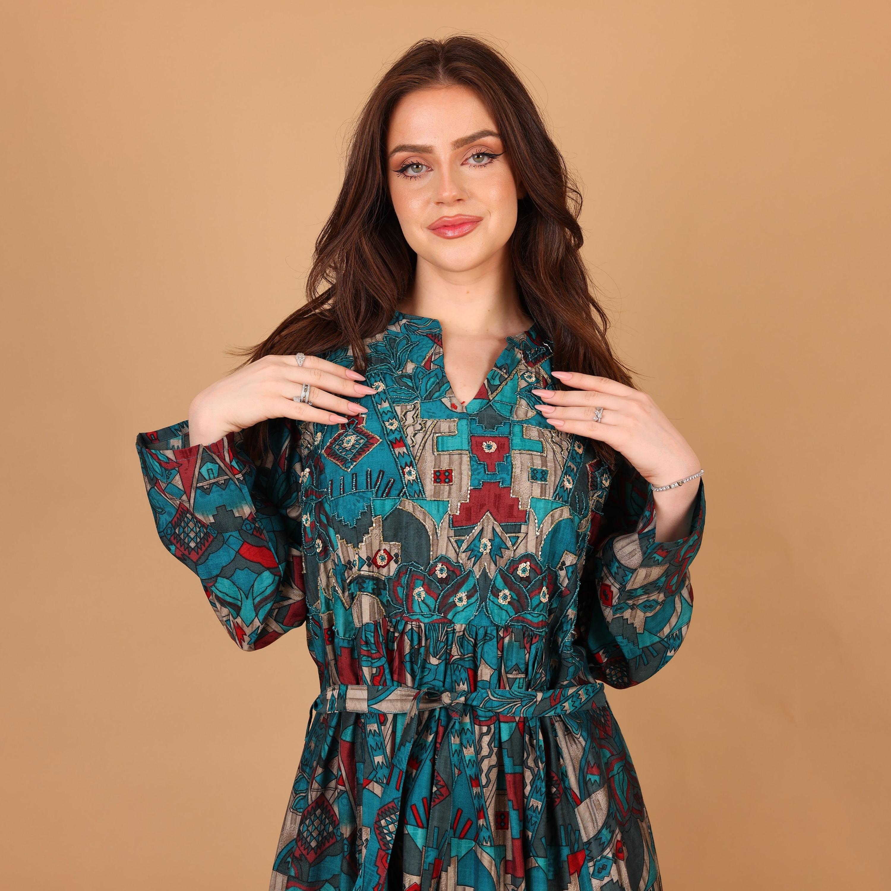 IKKXA Geometric Print & Beaded Mandarin Collar Women's Fit and Flared Jalabiya-women-arabicclothing-jalabiyas-image-3