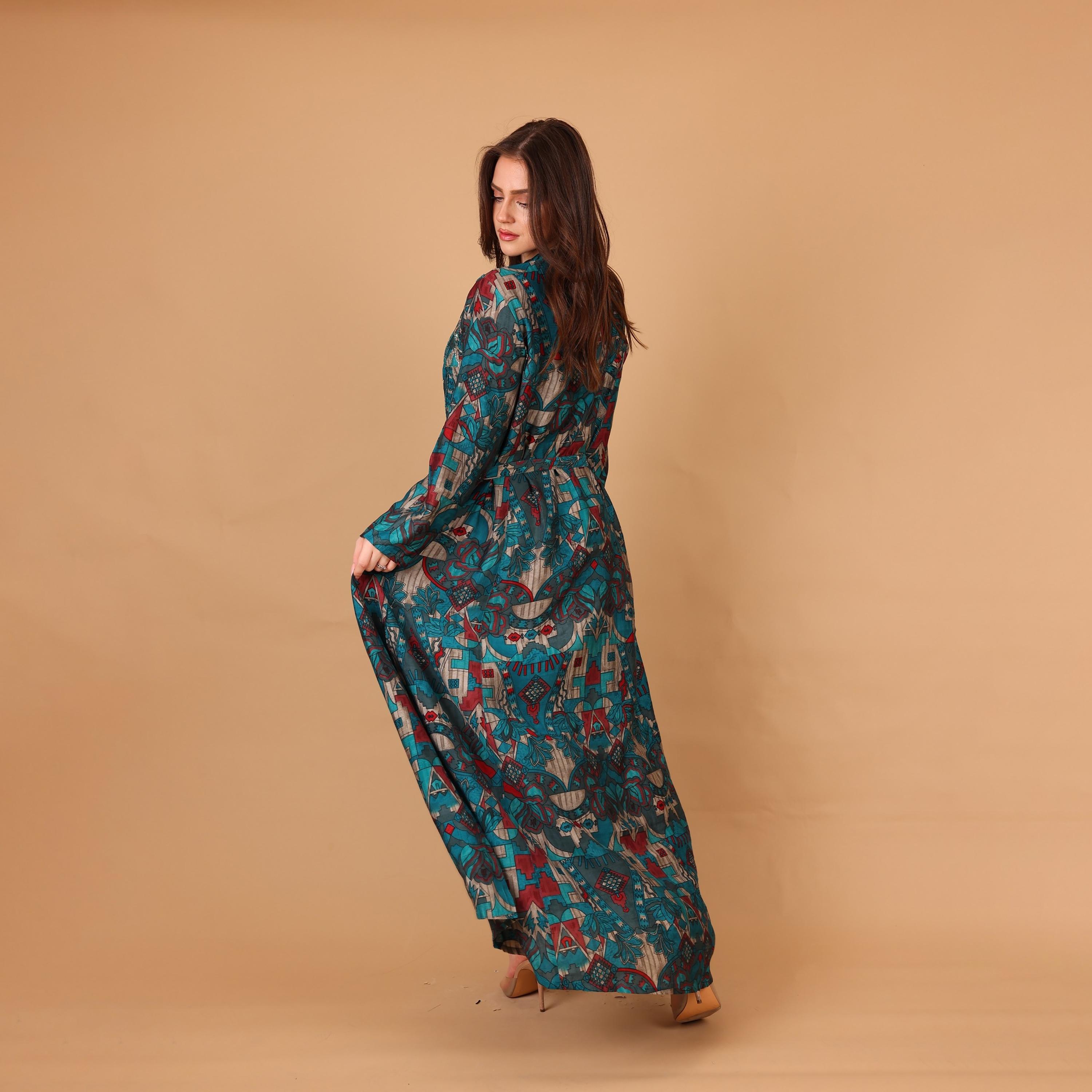 IKKXA Geometric Print & Beaded Mandarin Collar Women's Fit and Flared Jalabiya-women-arabicclothing-jalabiyas-image-4