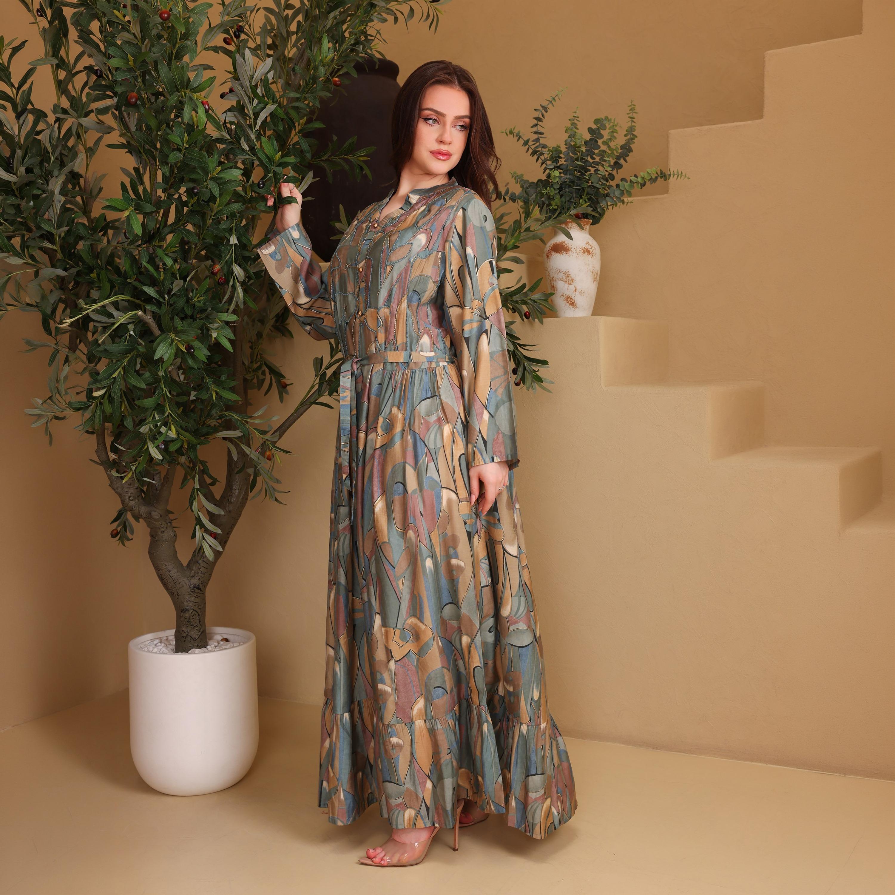 IKKXA Geometric Print & Beaded Mandarin Collar Women's Fit and Flared Jalabiya-women-arabicclothing-jalabiyas-image-1