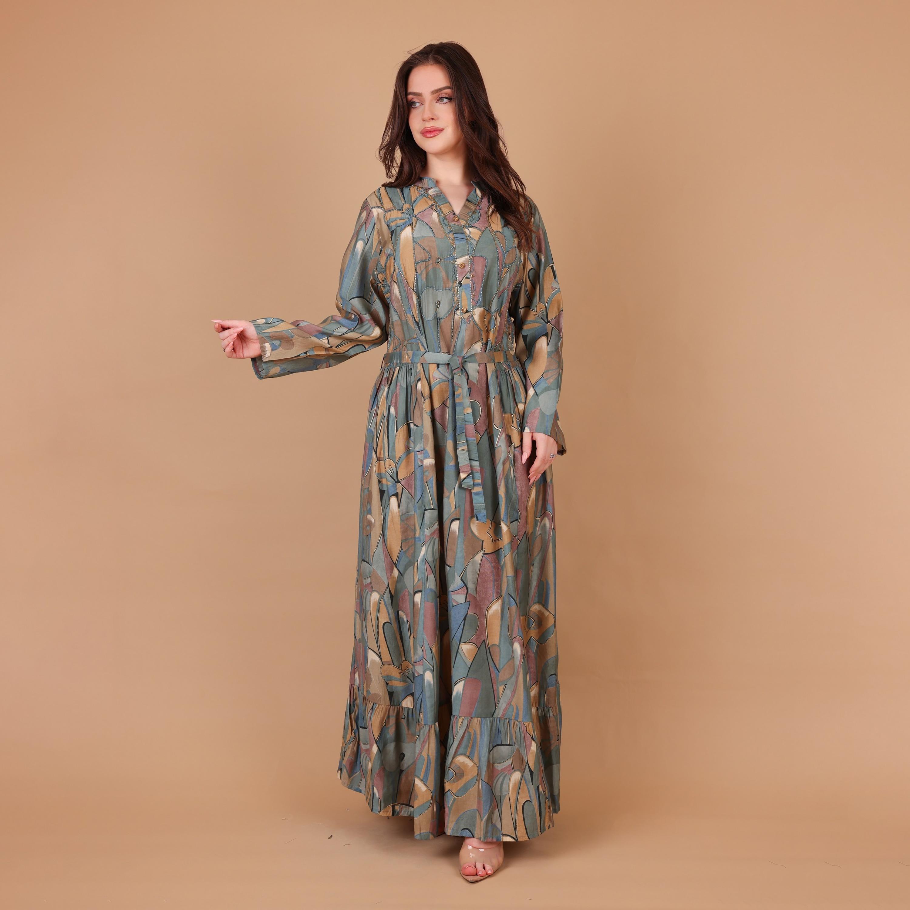 IKKXA Geometric Print & Beaded Mandarin Collar Women's Fit and Flared Jalabiya-women-arabicclothing-jalabiyas-image-2