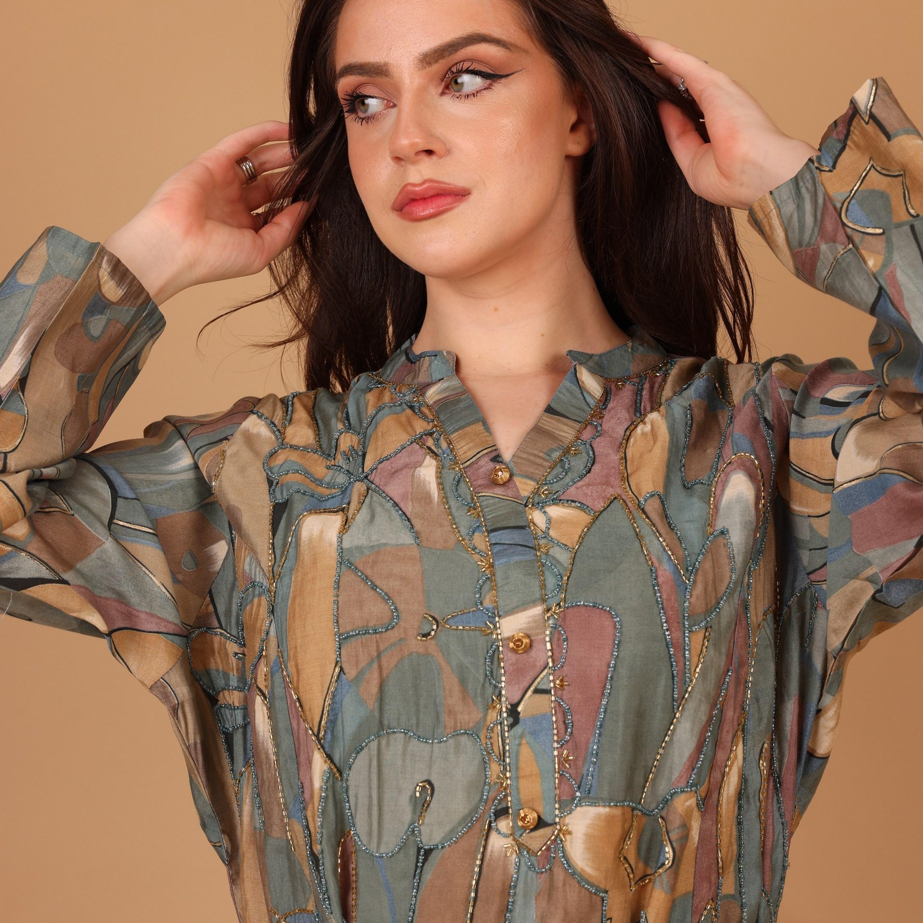 IKKXA Geometric Print & Beaded Mandarin Collar Women's Fit and Flared Jalabiya-women-arabicclothing-jalabiyas-image-3
