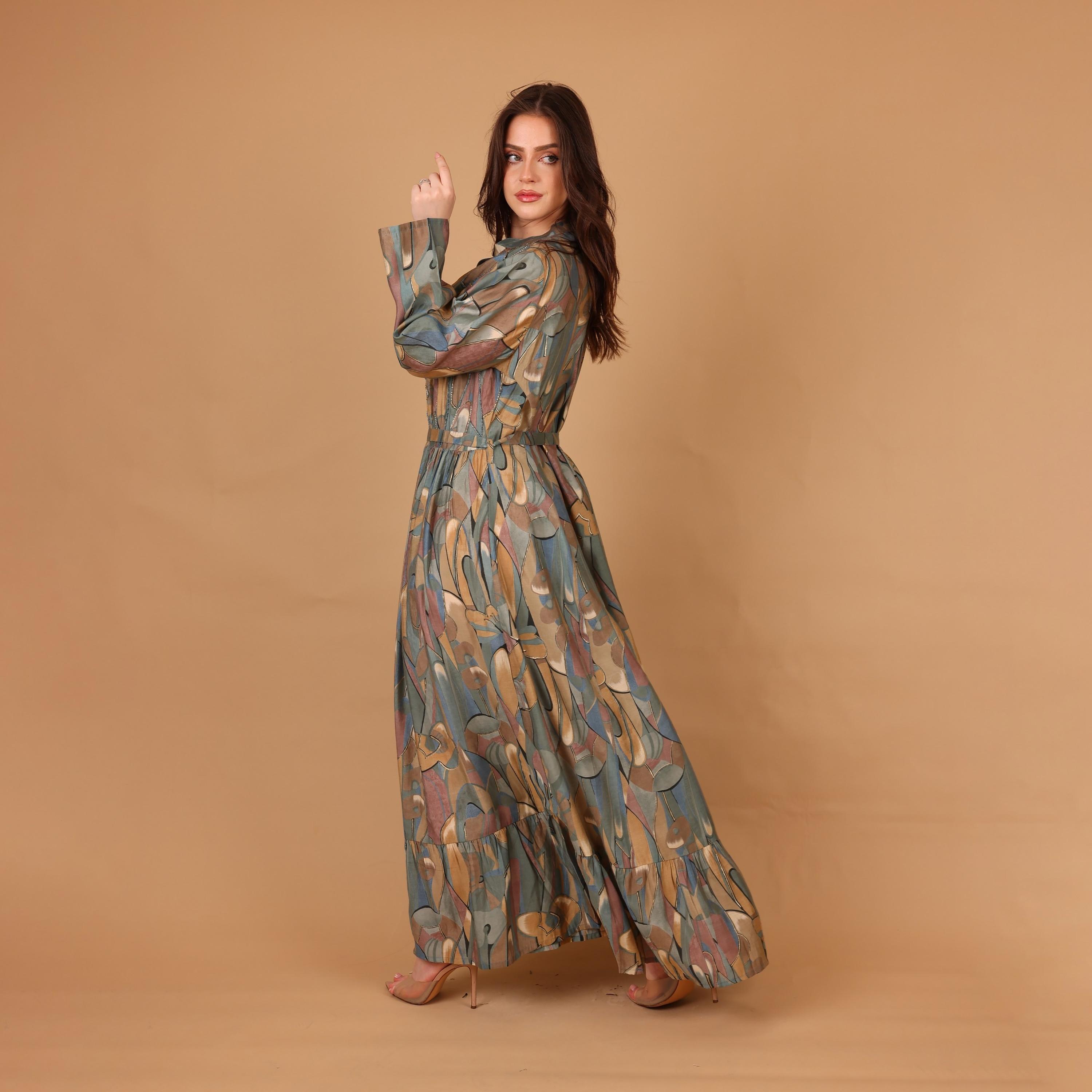 IKKXA Geometric Print & Beaded Mandarin Collar Women's Fit and Flared Jalabiya-women-arabicclothing-jalabiyas-image-4