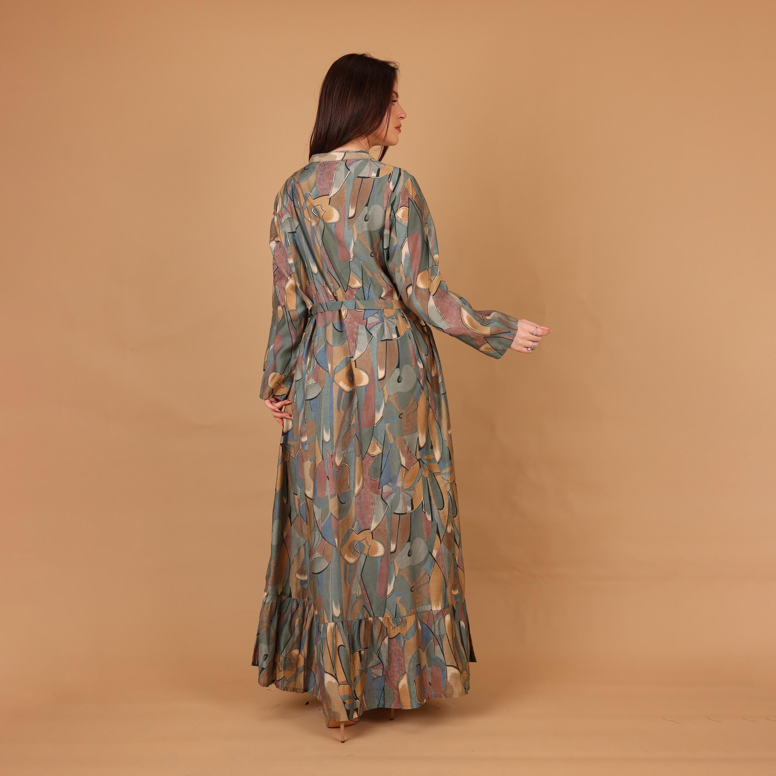 IKKXA Geometric Print & Beaded Mandarin Collar Women's Fit and Flared Jalabiya-women-arabicclothing-jalabiyas-image-5