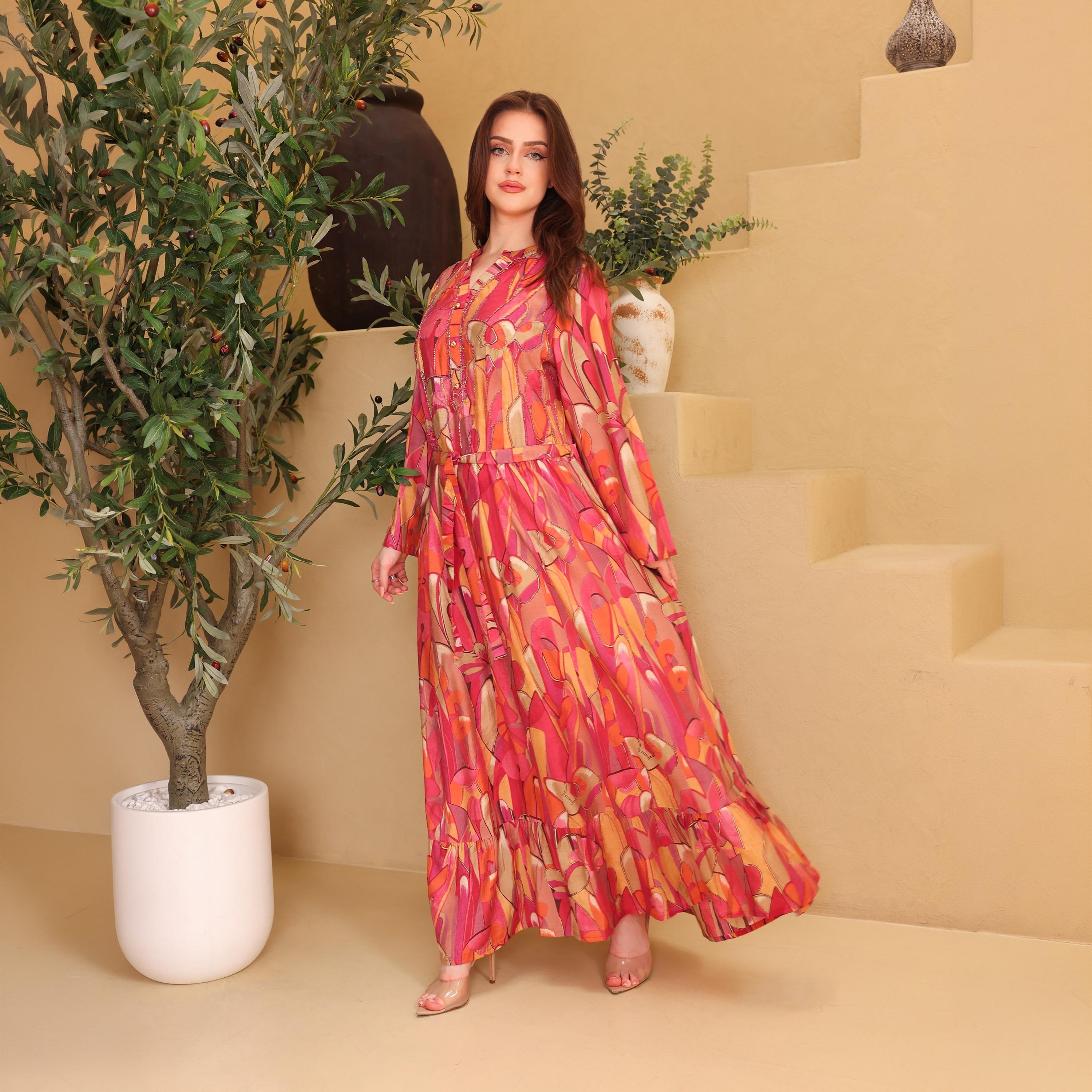 IKKXA Geometric Print & Beaded Mandarin Collar Women's Fit and Flared Jalabiya-women-arabicclothing-jalabiyas-image-1