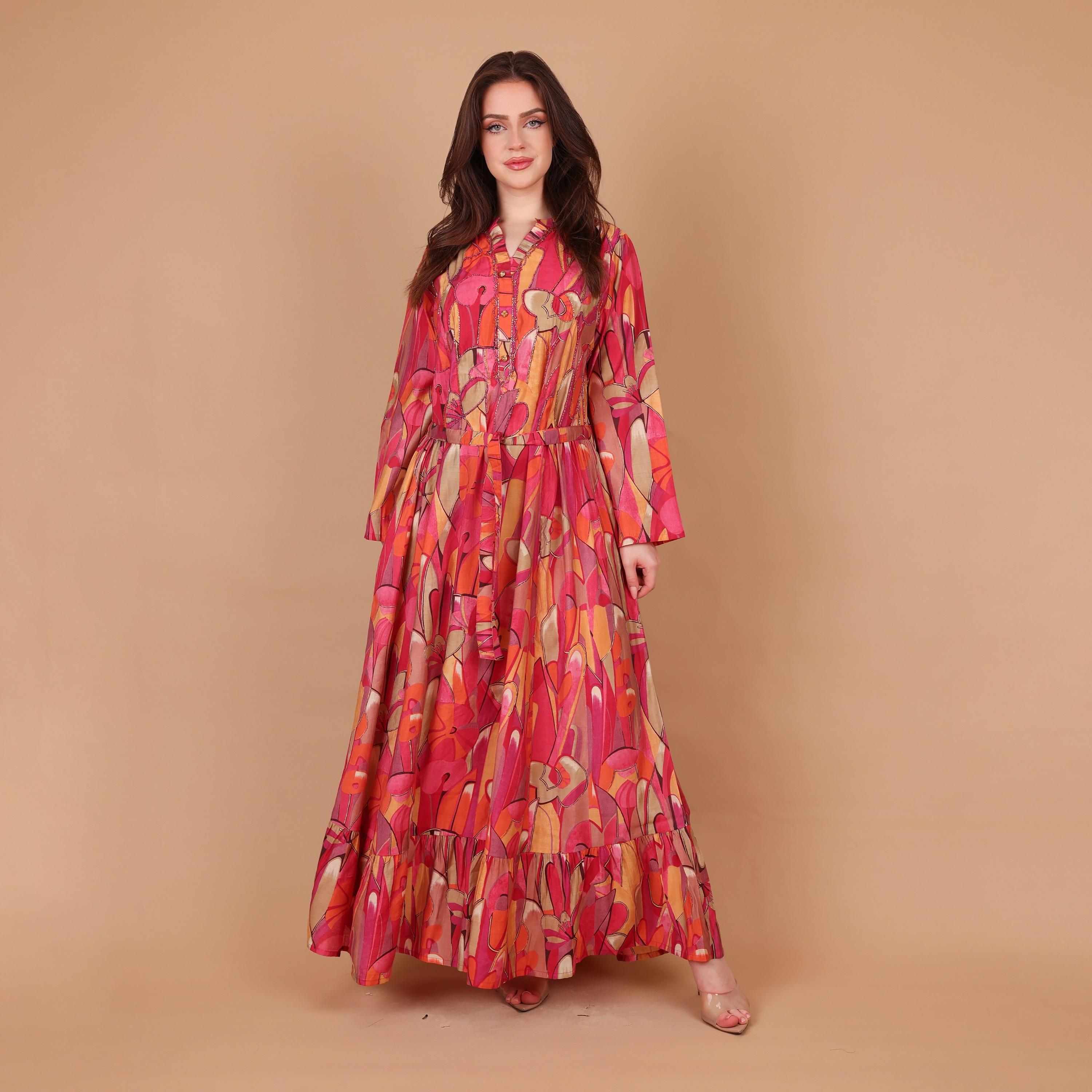 IKKXA Geometric Print & Beaded Mandarin Collar Women's Fit and Flared Jalabiya-women-arabicclothing-jalabiyas-image-2