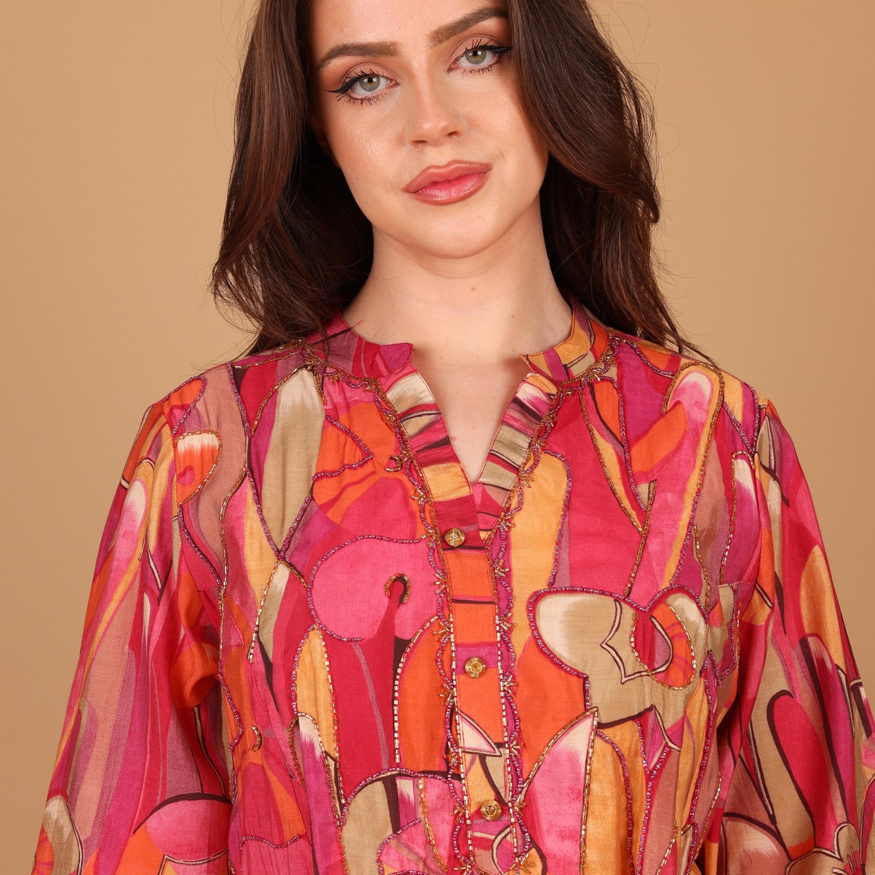 IKKXA Geometric Print & Beaded Mandarin Collar Women's Fit and Flared Jalabiya-women-arabicclothing-jalabiyas-image-3
