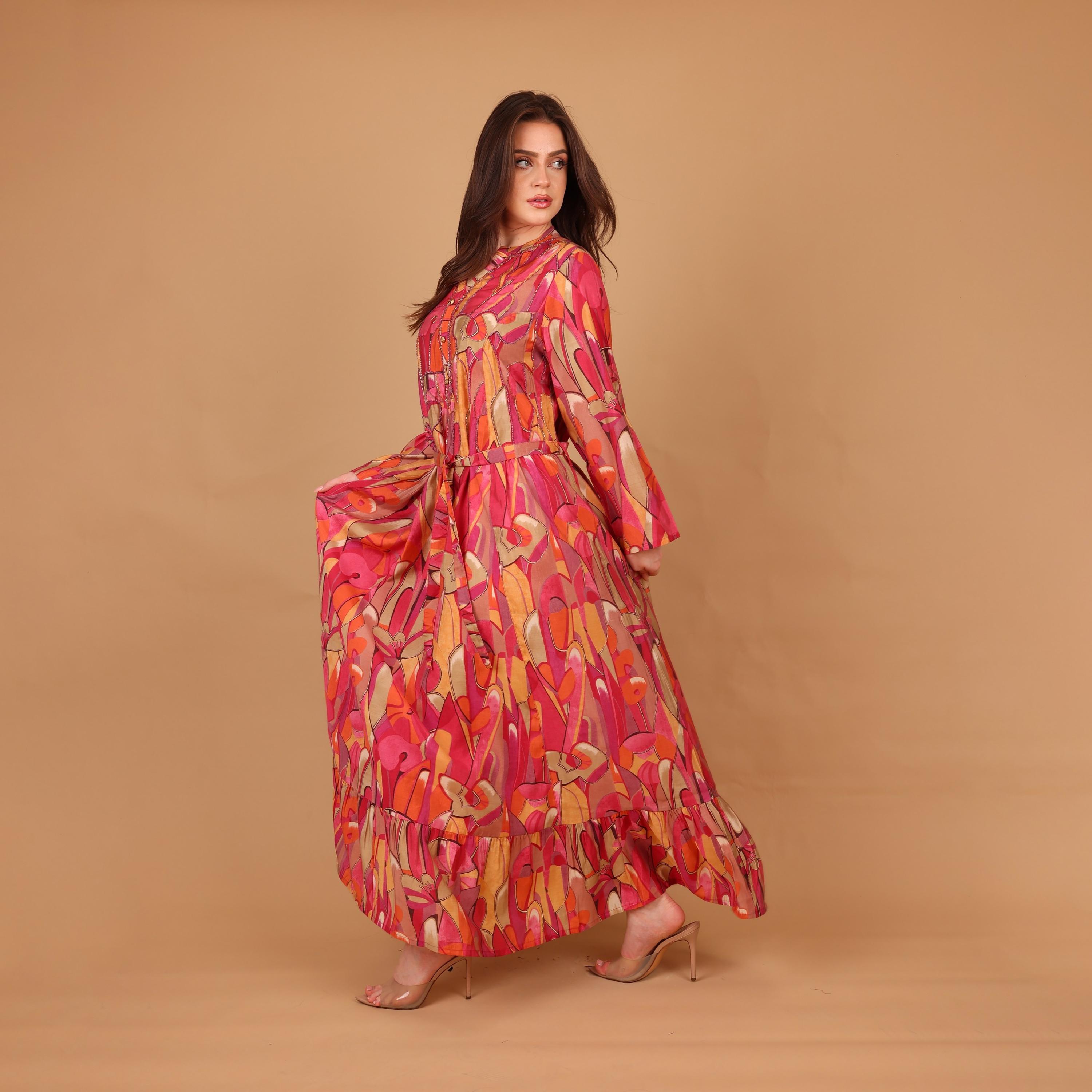IKKXA Geometric Print & Beaded Mandarin Collar Women's Fit and Flared Jalabiya-women-arabicclothing-jalabiyas-image-4