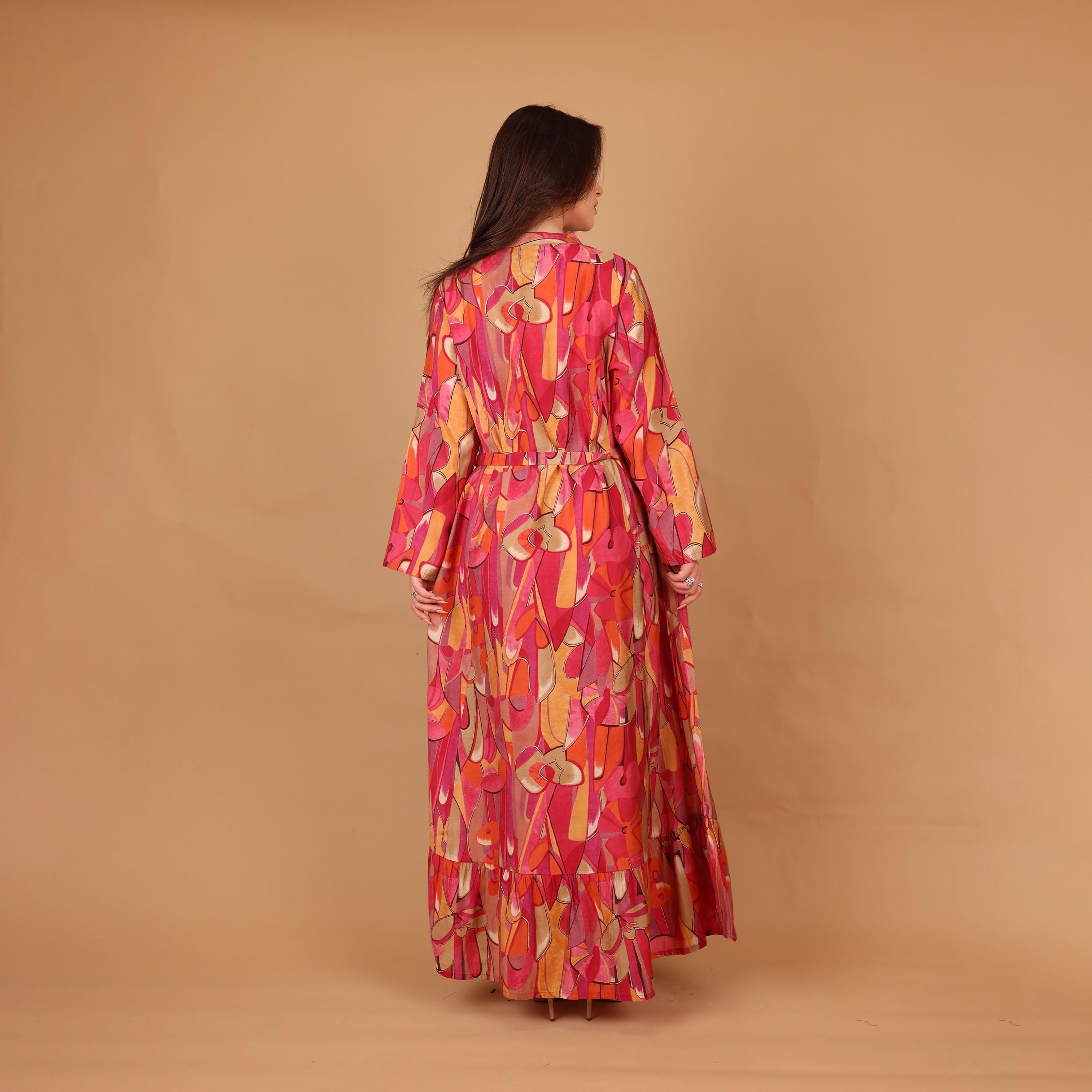 IKKXA Geometric Print & Beaded Mandarin Collar Women's Fit and Flared Jalabiya-women-arabicclothing-jalabiyas-image-5