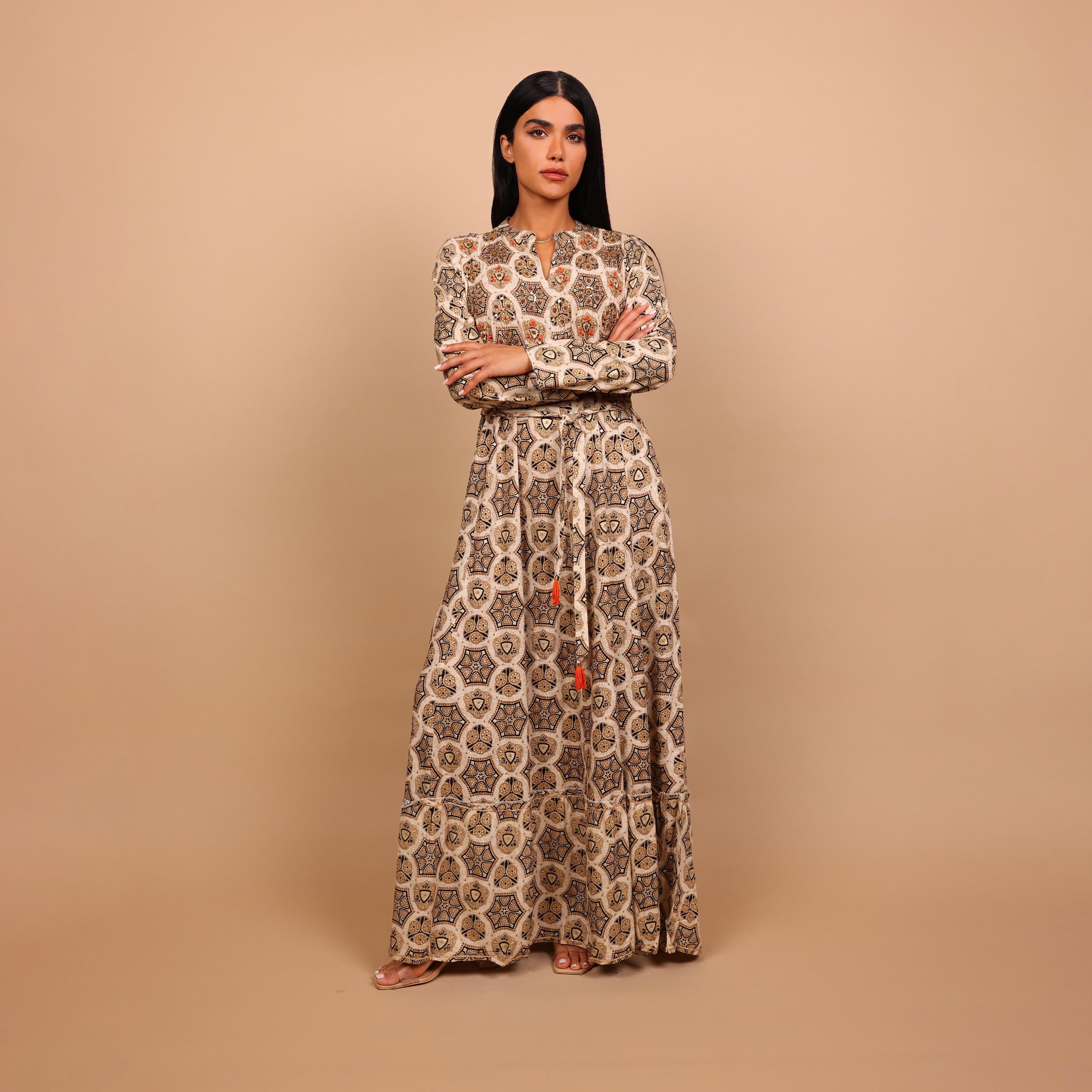IKKXA Geometric Print Women's Fit and Flared Jalabiya-women-arabicclothing-jalabiyas-image-2