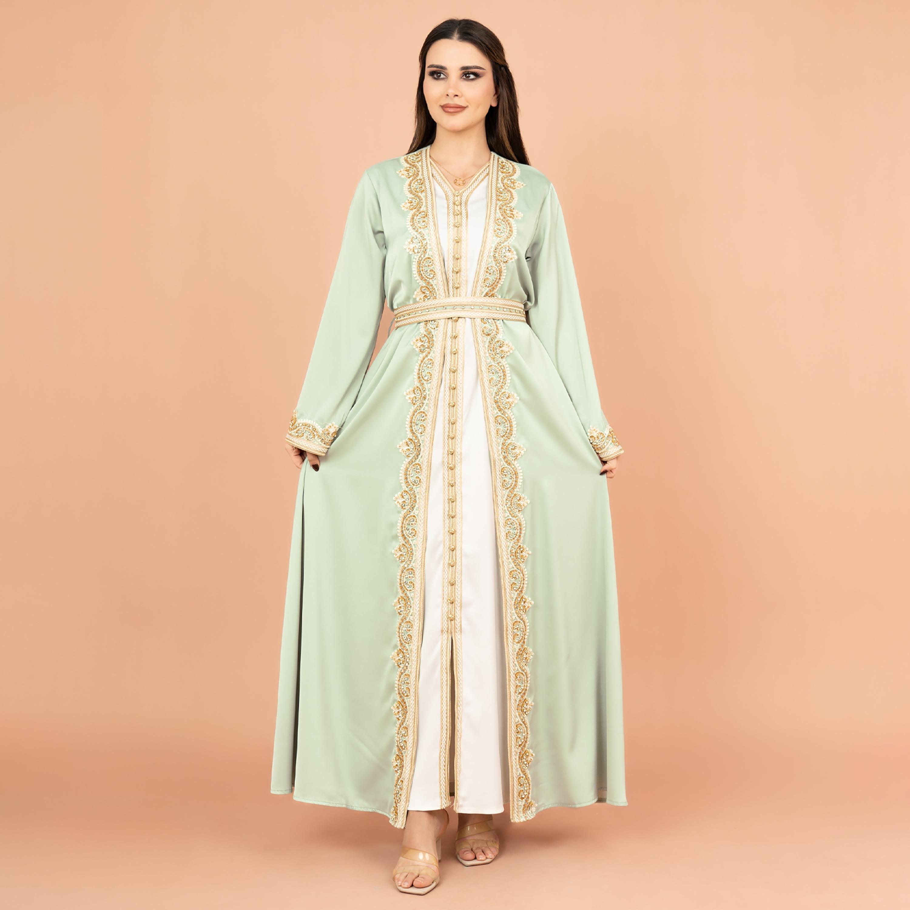 IKKXA 2-Piece Embroidered & Crystal with Bead Work Festive Women's Kaftan with Belt-women-arabicclothing-kaftan-image-1