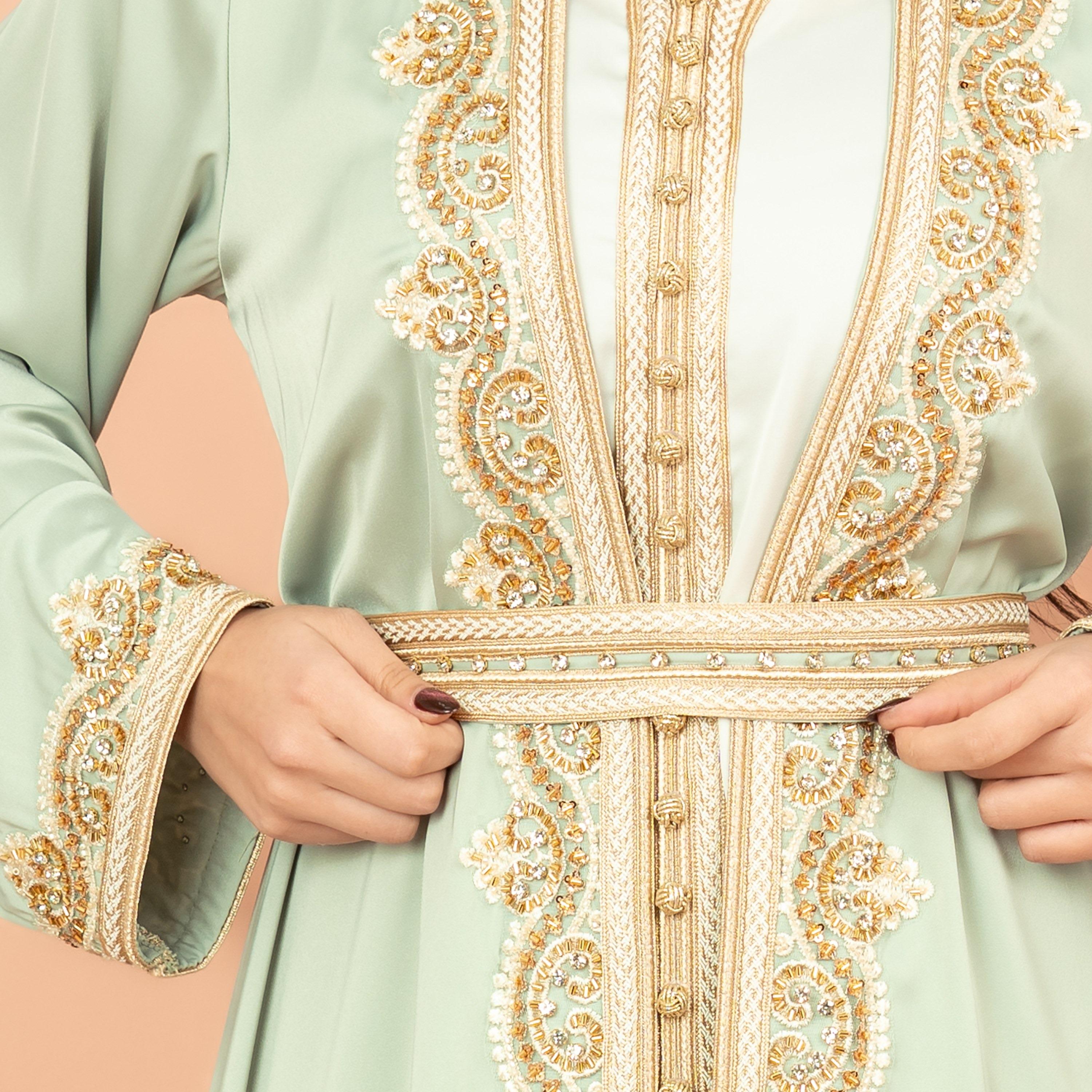 IKKXA 2-Piece Embroidered & Crystal with Bead Work Festive Women's Kaftan with Belt-women-arabicclothing-kaftan-image-2
