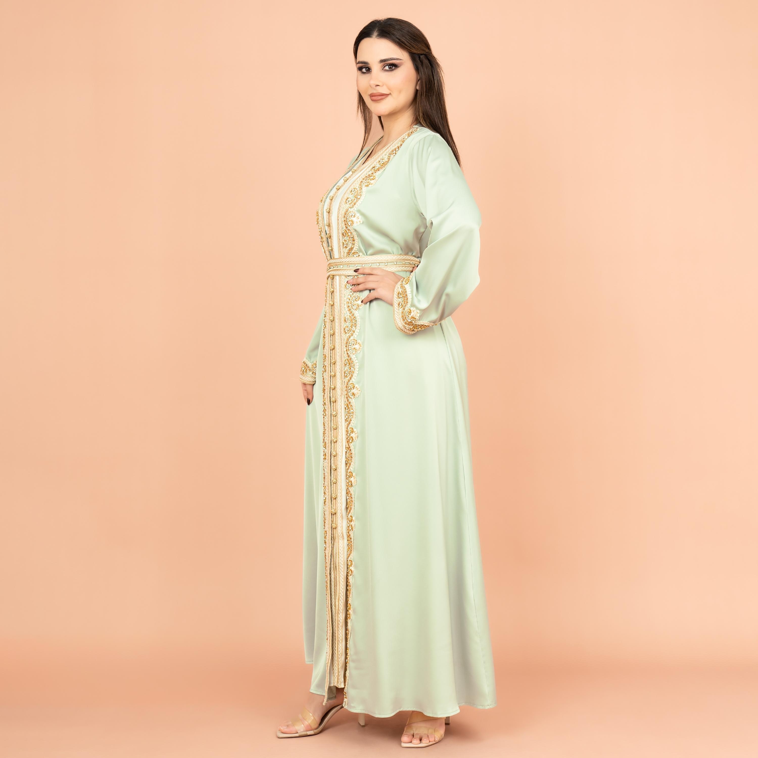 IKKXA 2-Piece Embroidered & Crystal with Bead Work Festive Women's Kaftan with Belt-women-arabicclothing-kaftan-image-3