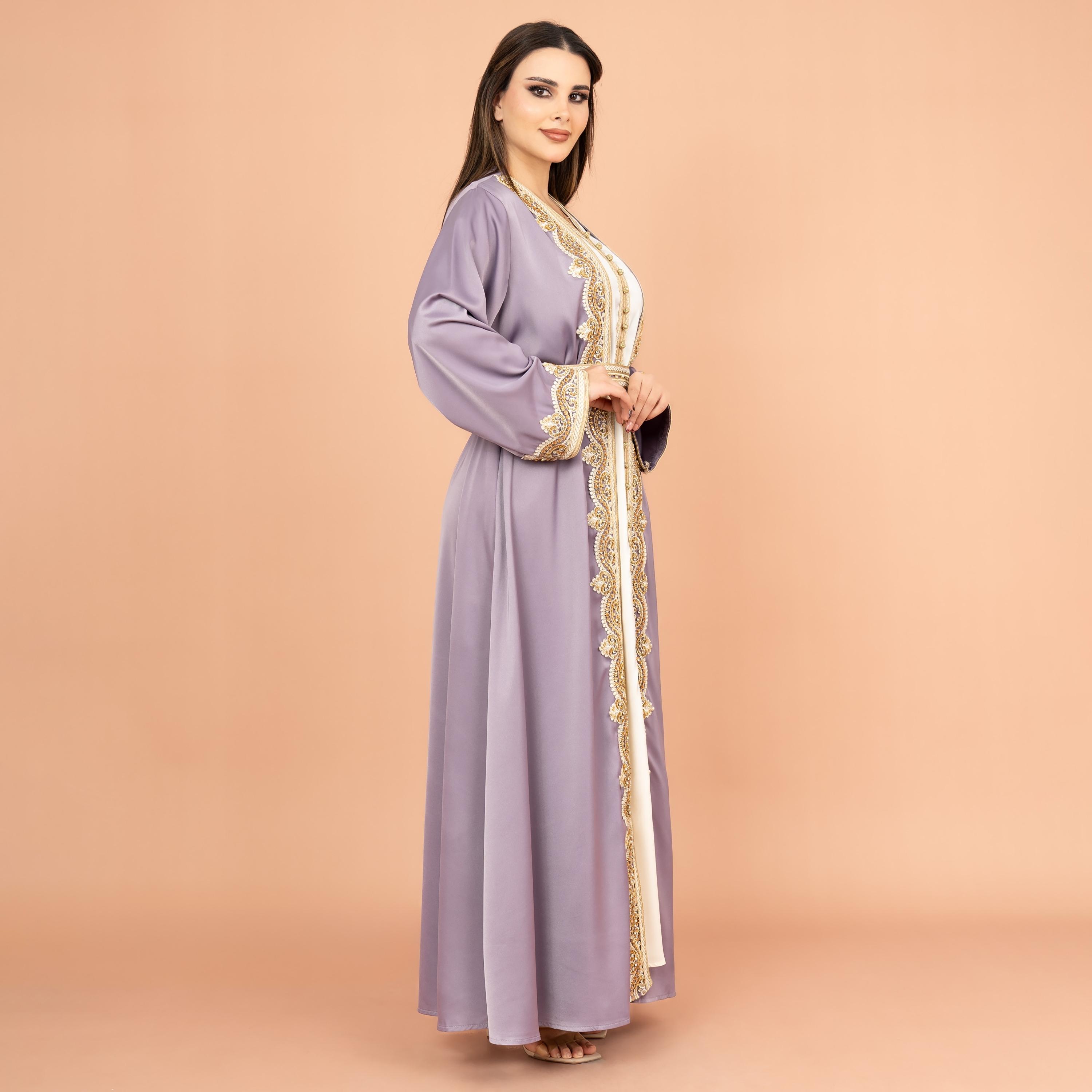 IKKXA قفطان نسائي مكون من قطعتين مطرز بالكريستال مع خرز مع حزام-women-arabicclothing-kaftan-image-7