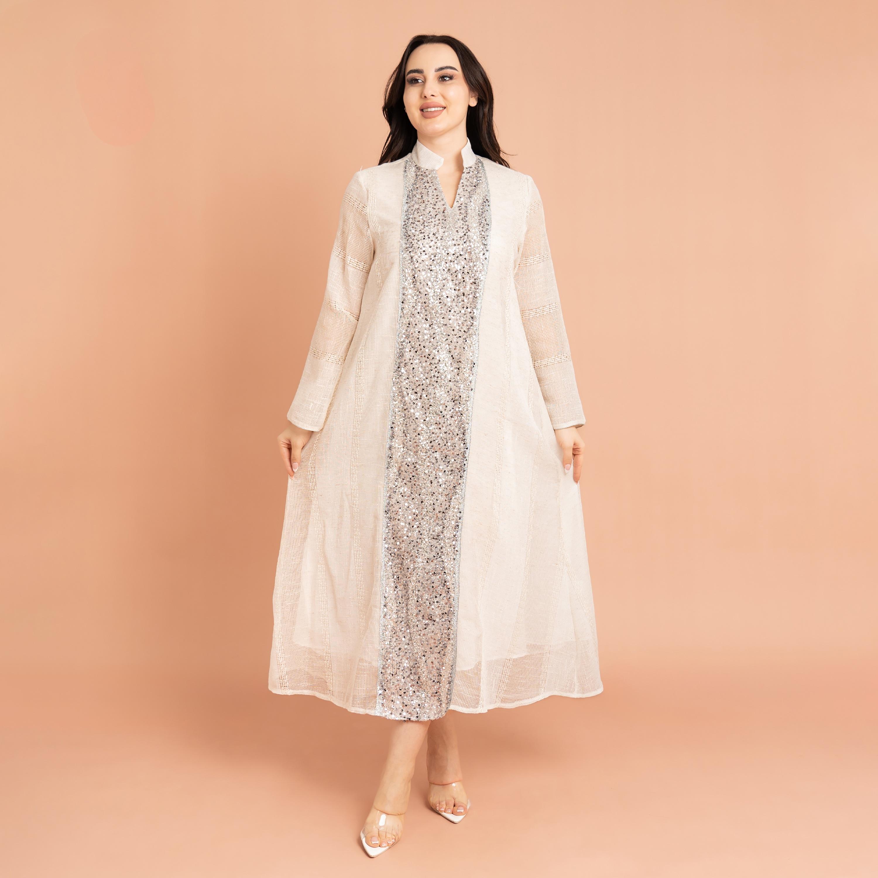 IKKXA Mandarin Collar Sheer Sleeves Sequins and Beaded Evening Women's Jalabiya-women-arabicclothing-jalabiyas-image-1