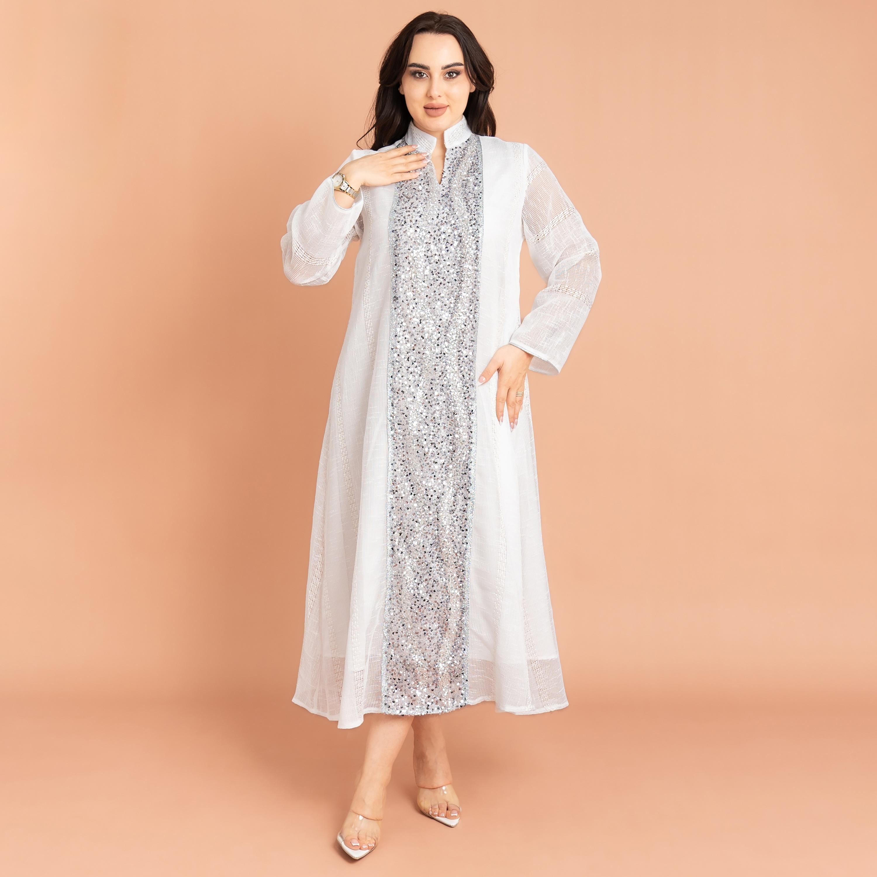 IKKXA Mandarin Collar Sheer Sleeves Sequins and Beaded Evening Women's Jalabiya-women-arabicclothing-jalabiyas-image-1