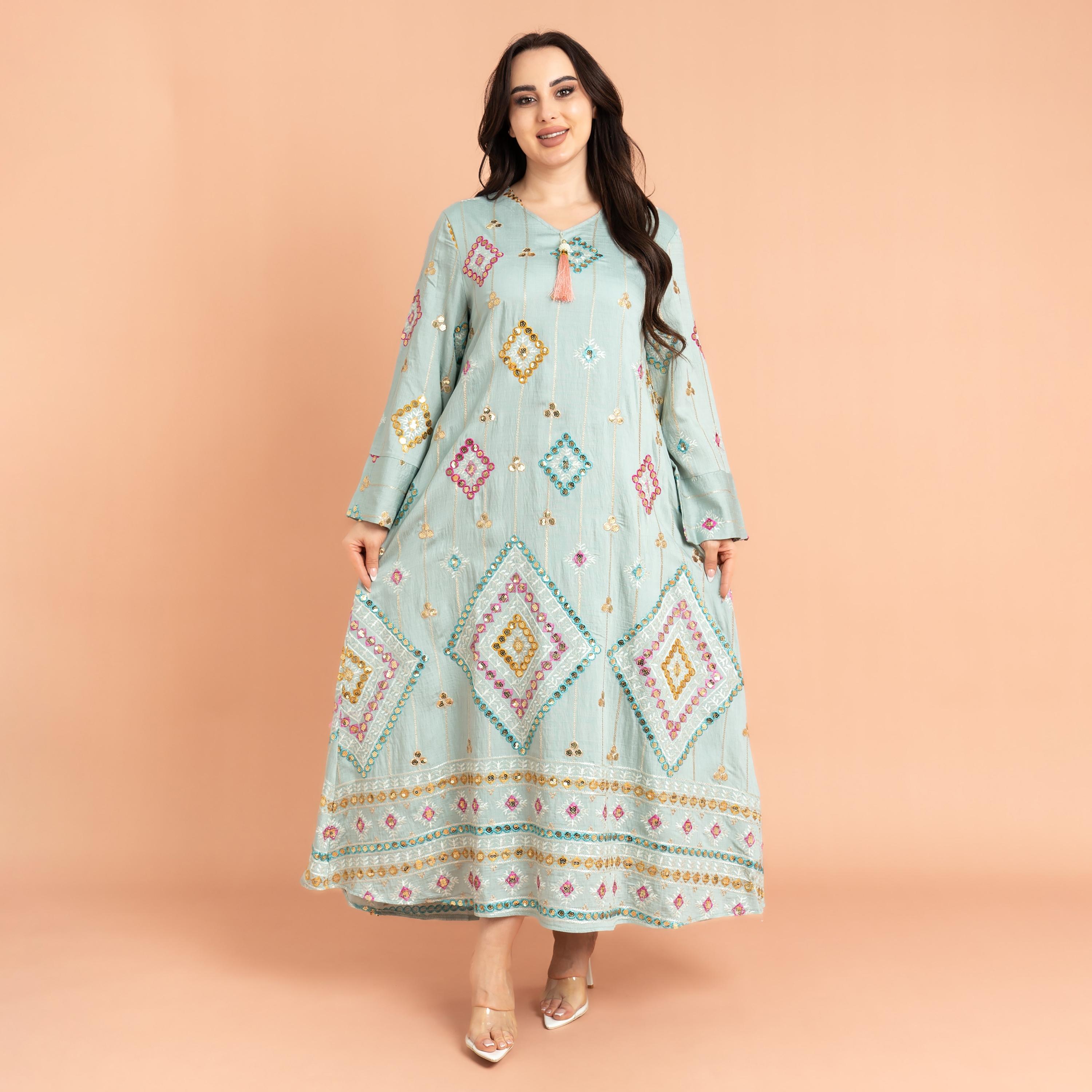 IKKXA جلابية نسائية مسائية مطرزة بالترتر الهندسي-women-arabicclothing-jalabiyas-image-1