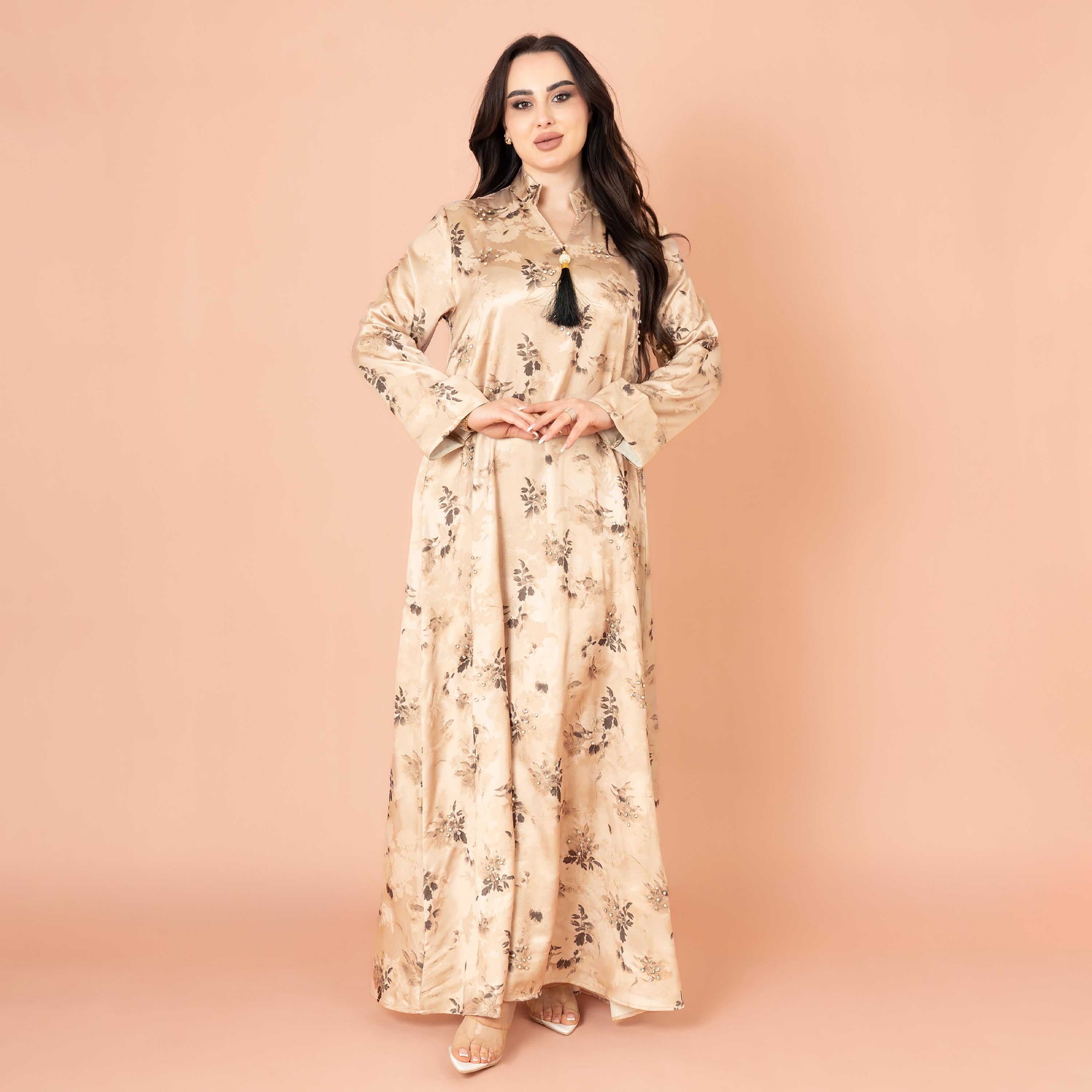 IKKXA Floral Print and Beaded Work Evening Women's Jalabiya-women-arabicclothing-jalabiyas-image-1