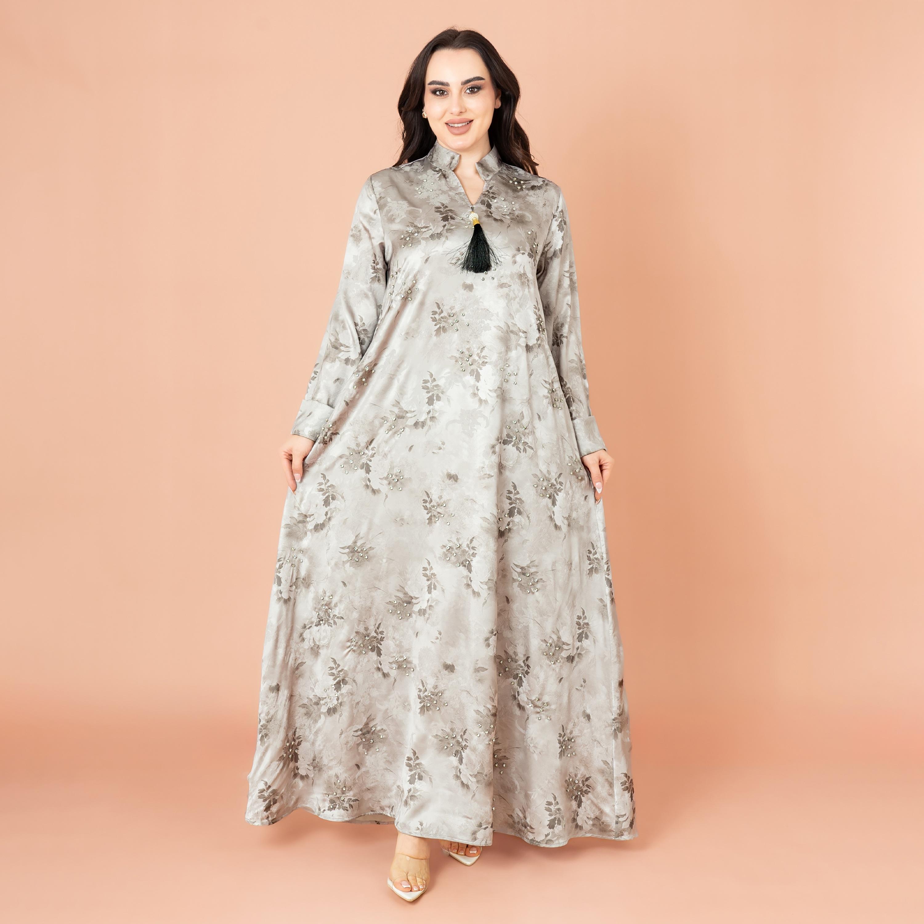IKKXA Floral Print and Beaded Work Evening Women's Jalabiya-women-arabicclothing-jalabiyas-image-1