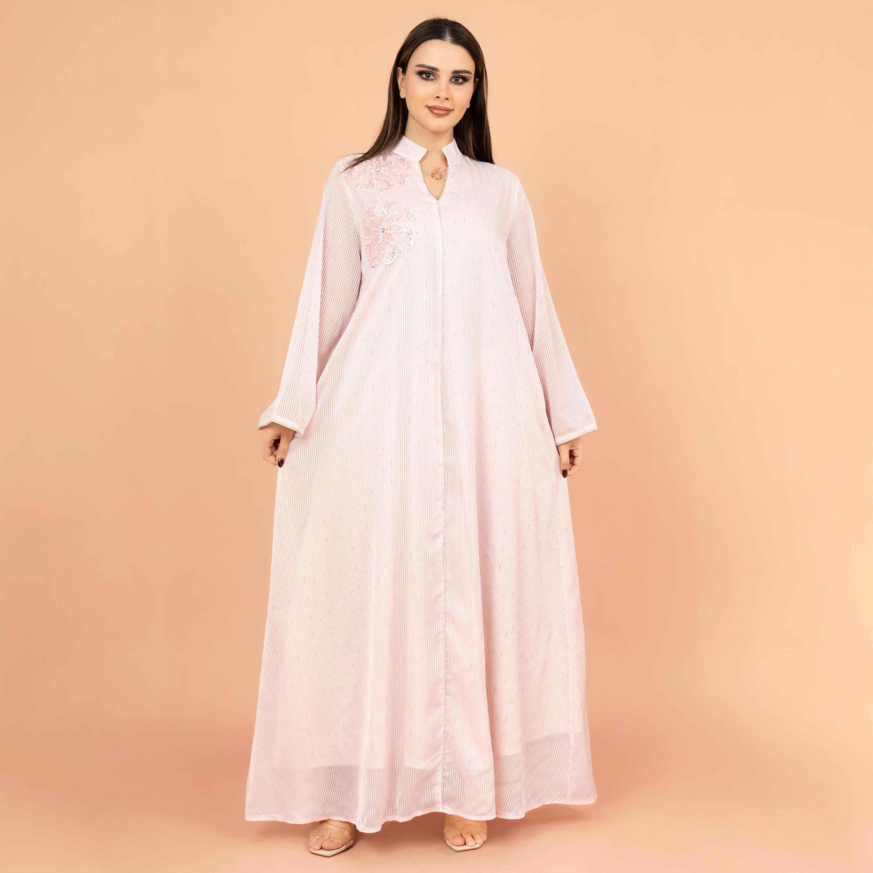 جلابية نسائية مخططة ومطرزة بياقة ماندرين من إككسا-women-arabicclothing-jalabiyas-image-1