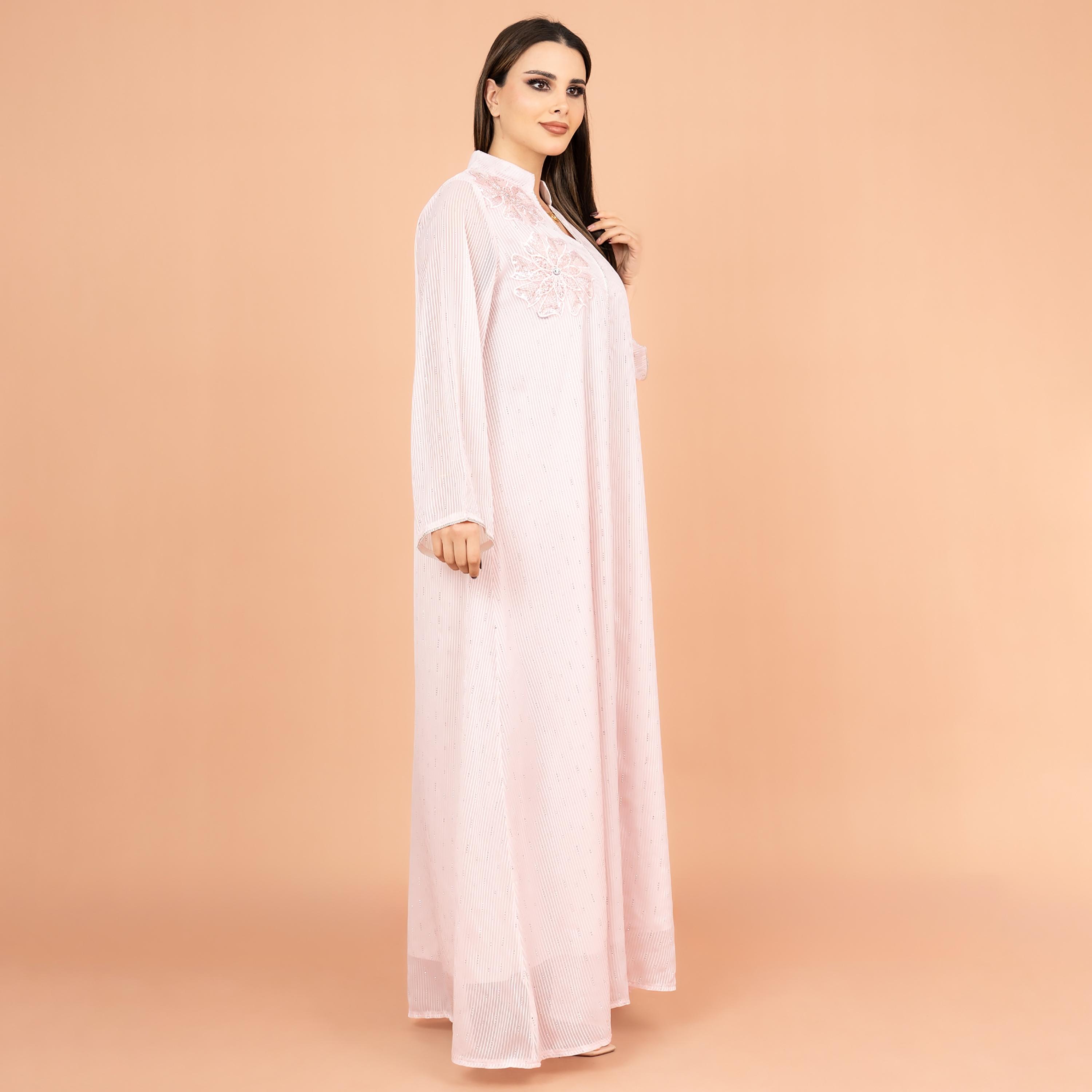 جلابية نسائية مخططة ومطرزة بياقة ماندرين من إككسا-women-arabicclothing-jalabiyas-image-3
