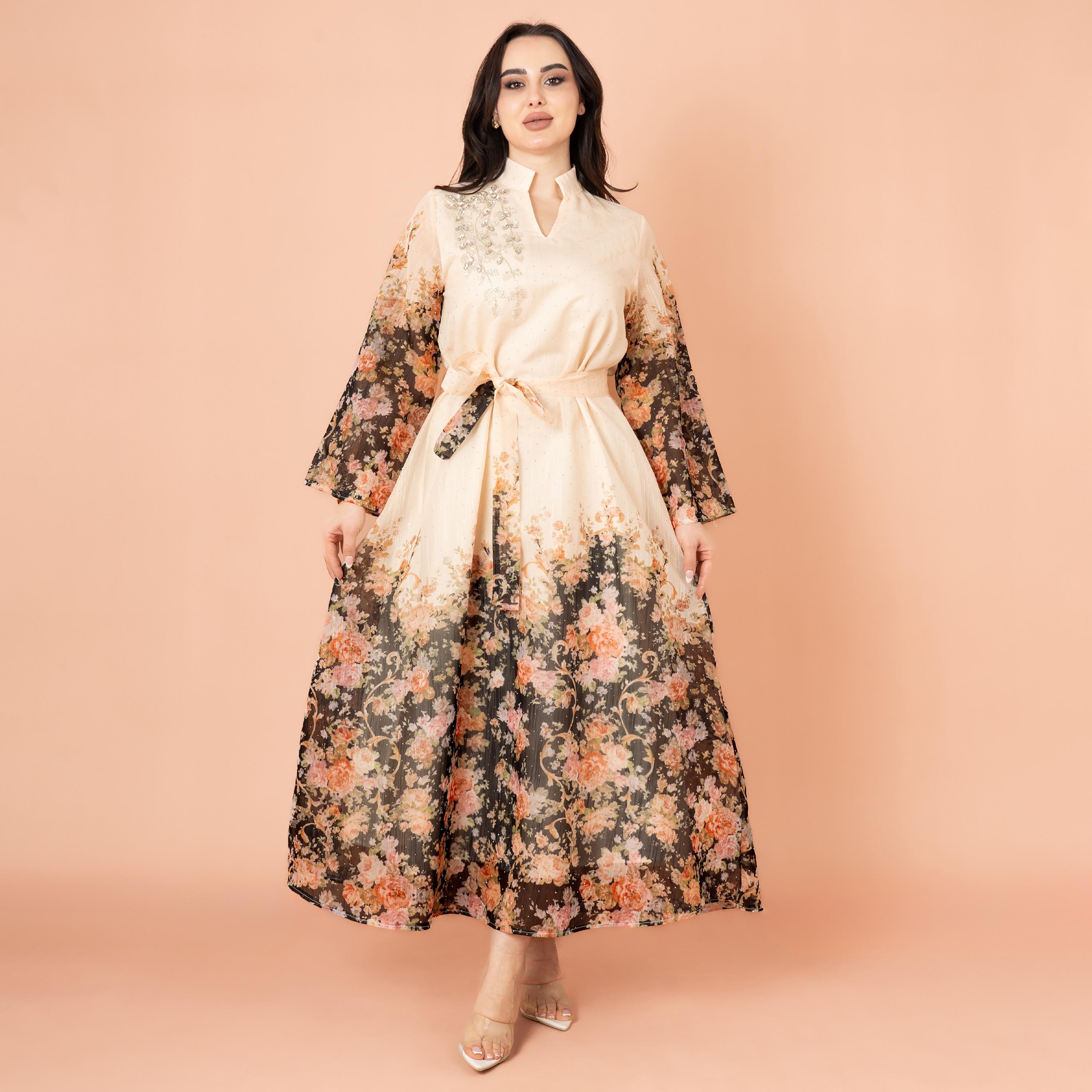 IKKXA Mandarin Collar Floral Print with Crystal Work Evening Women's Jalabiya-women-arabicclothing-jalabiyas-image-1