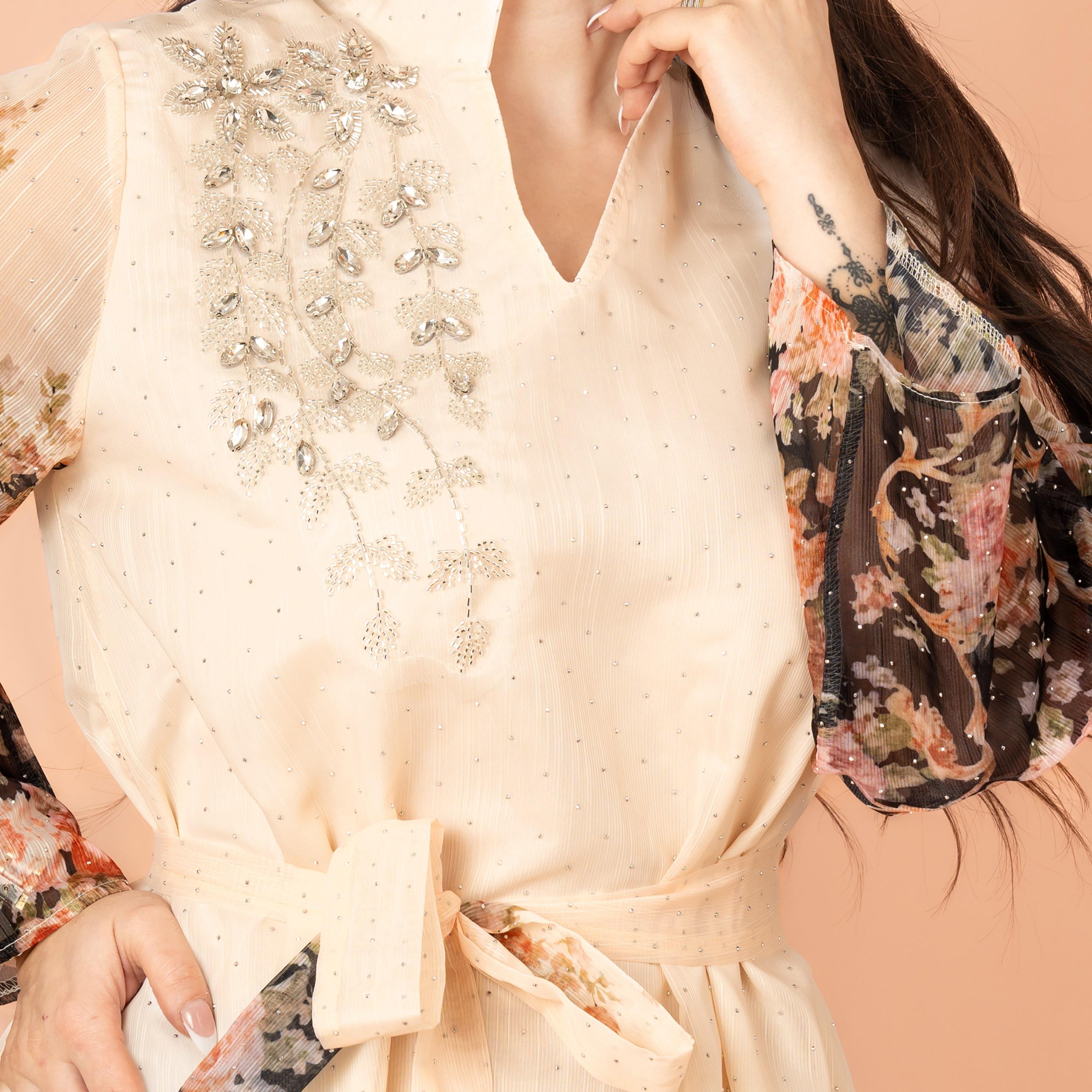 IKKXA Mandarin Collar Floral Print with Crystal Work Evening Women's Jalabiya-women-arabicclothing-jalabiyas-image-2