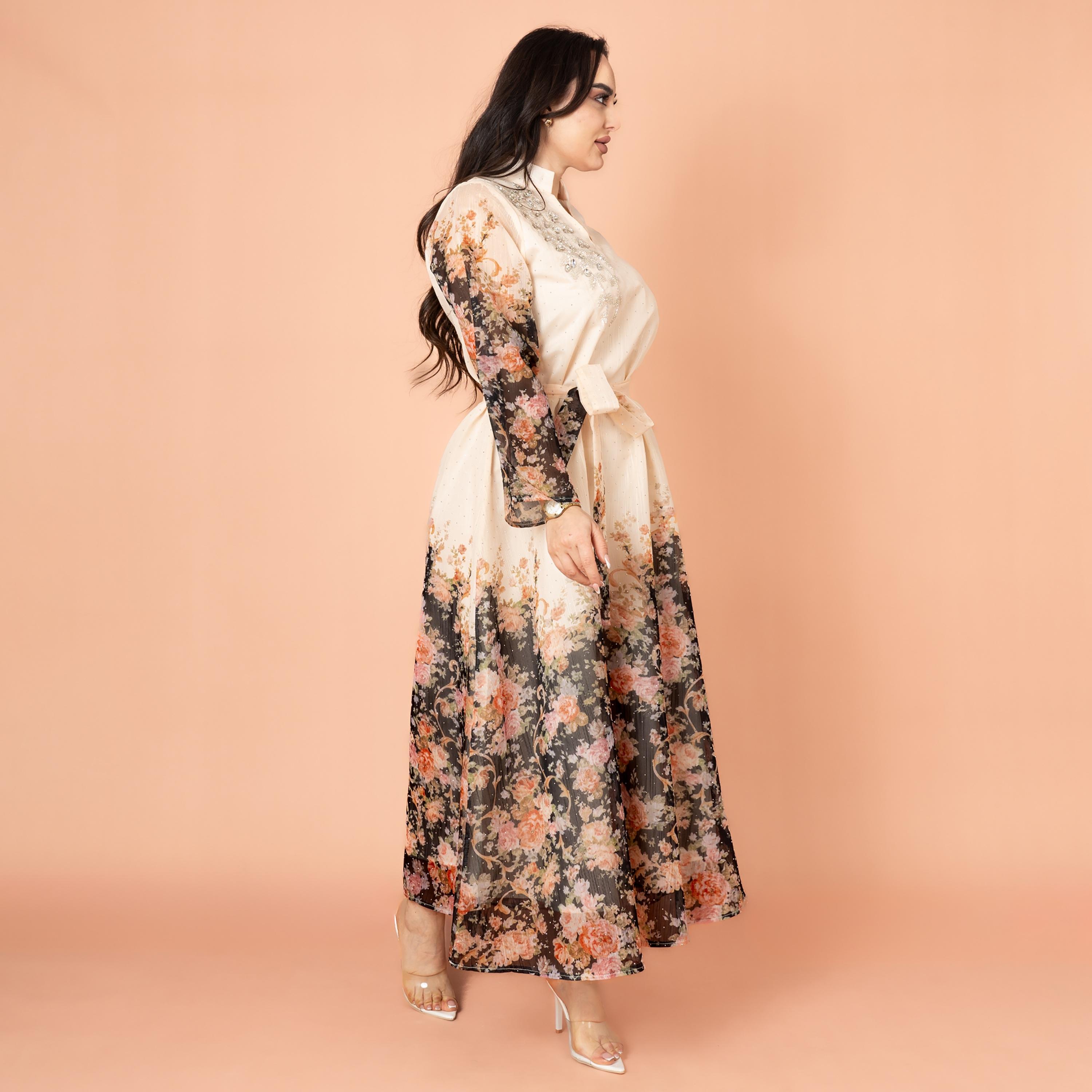 IKKXA Mandarin Collar Floral Print with Crystal Work Evening Women's Jalabiya-women-arabicclothing-jalabiyas-image-3