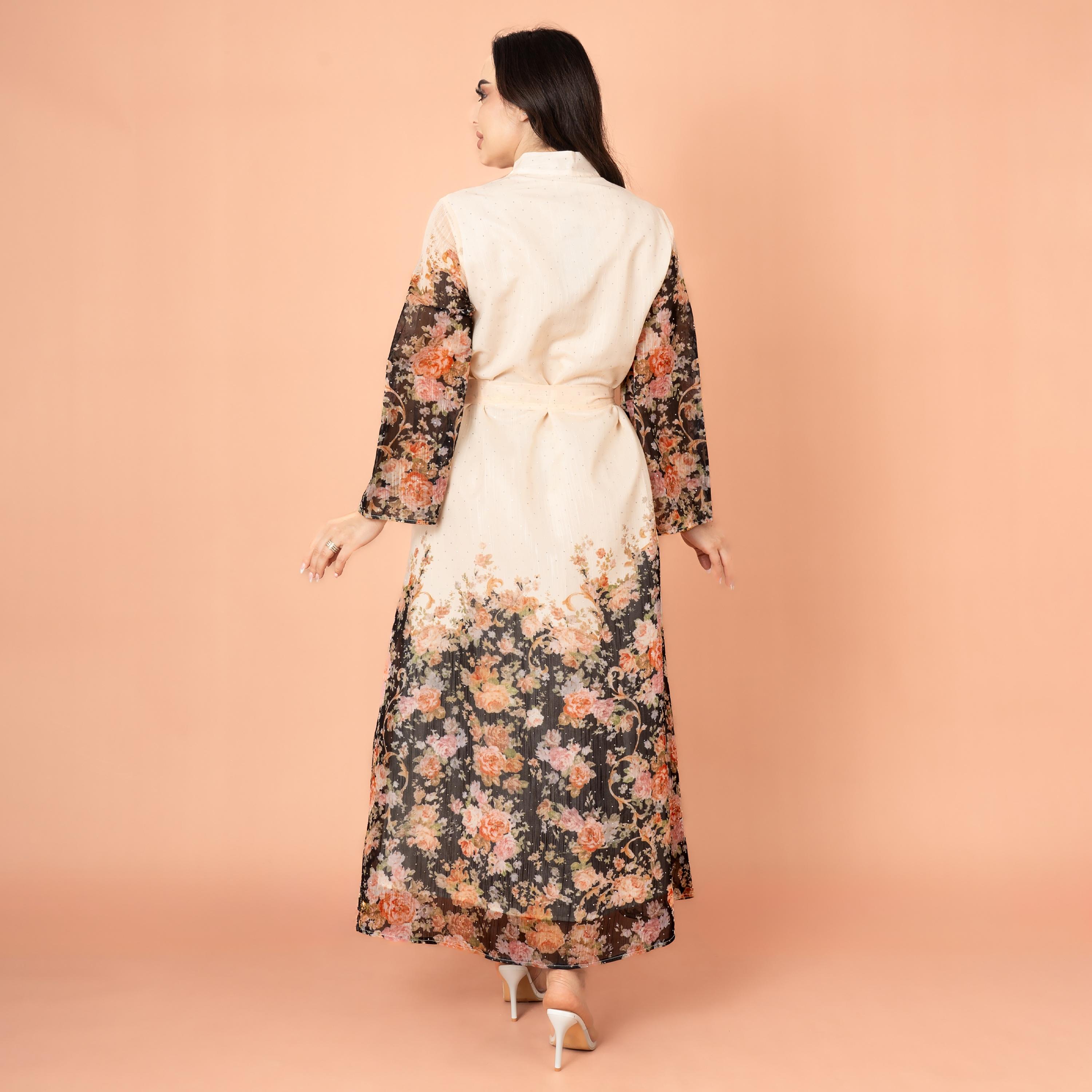 IKKXA Mandarin Collar Floral Print with Crystal Work Evening Women's Jalabiya-women-arabicclothing-jalabiyas-image-4