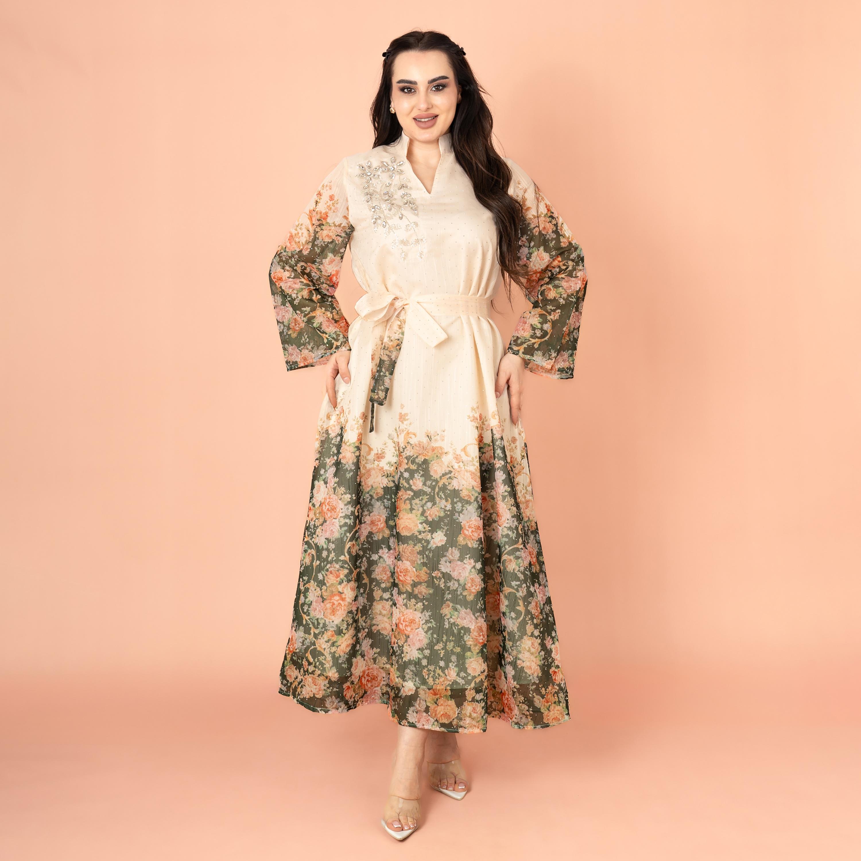 IKKXA Mandarin Collar Floral Print with Crystal Work Evening Women's Jalabiya-women-arabicclothing-jalabiyas-image-6