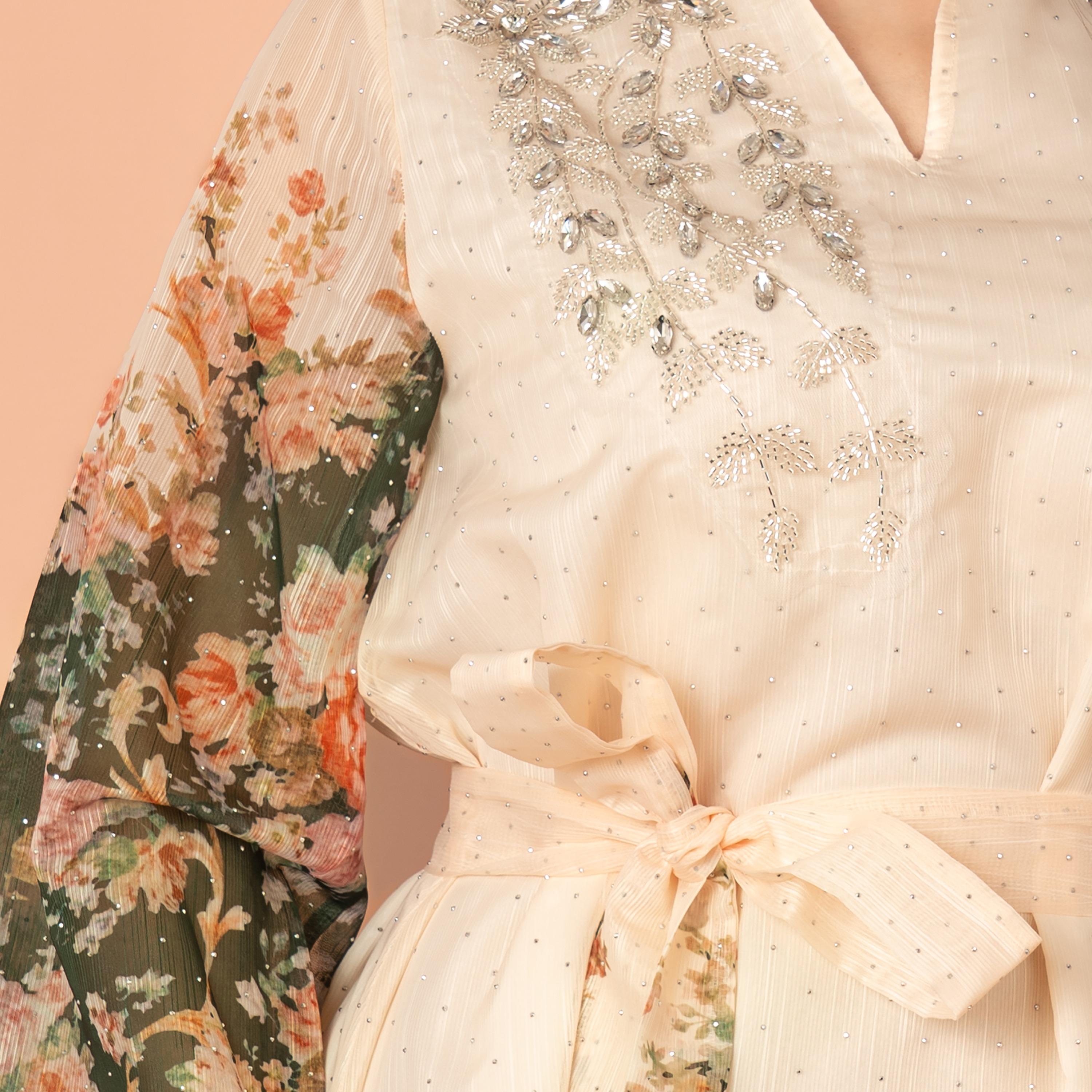 IKKXA Mandarin Collar Floral Print with Crystal Work Evening Women's Jalabiya-women-arabicclothing-jalabiyas-image-7