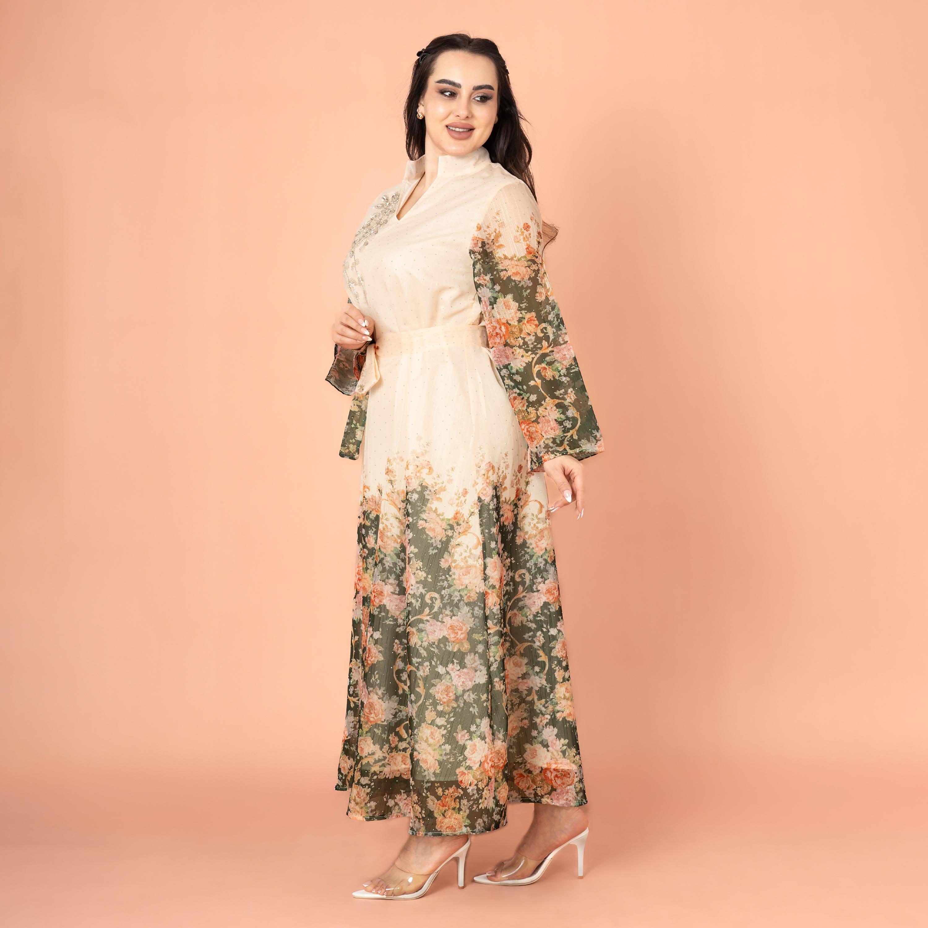 IKKXA Mandarin Collar Floral Print with Crystal Work Evening Women's Jalabiya-women-arabicclothing-jalabiyas-image-8