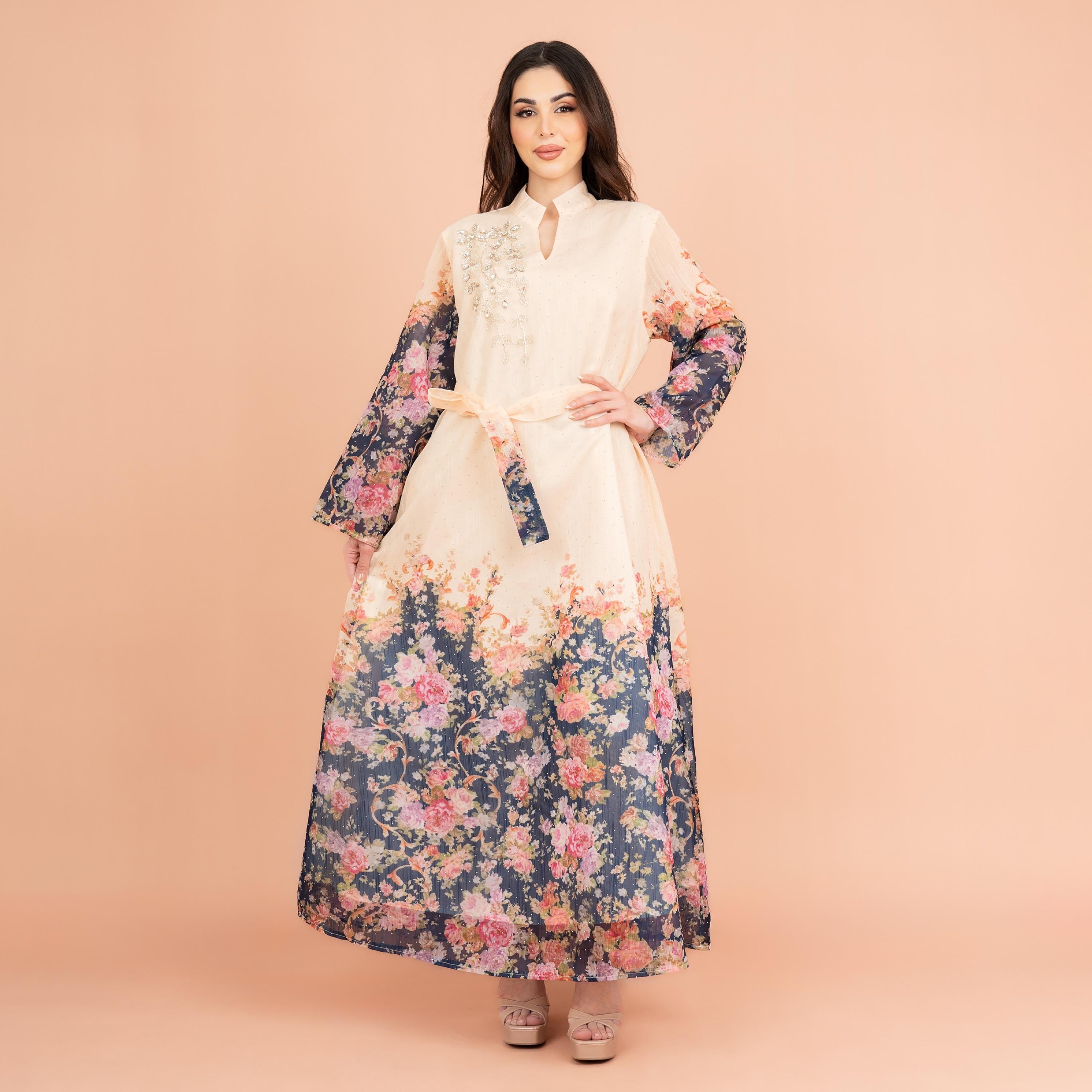 IKKXA جلابية نسائية احتفالية مزينة ومطرزة بالكريستال بياقة واقفة-women-arabicclothing-jalabiyas-image-1