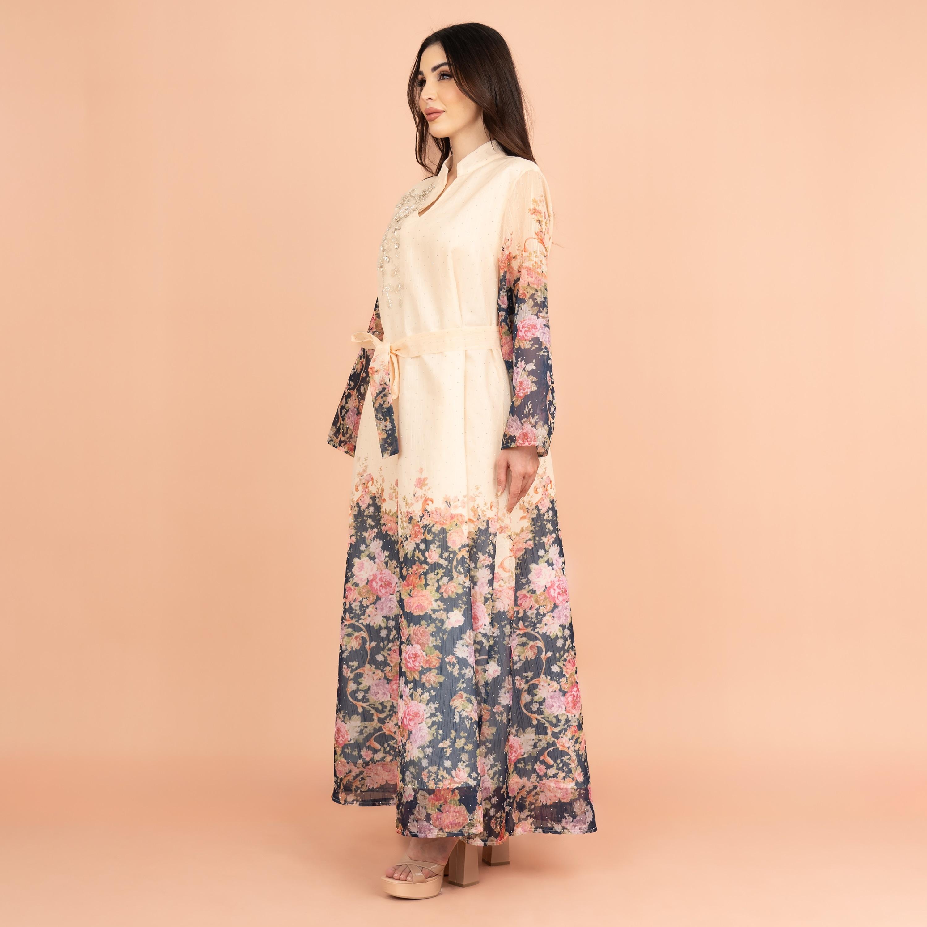 IKKXA جلابية نسائية احتفالية مزينة ومطرزة بالكريستال بياقة واقفة-women-arabicclothing-jalabiyas-image-3