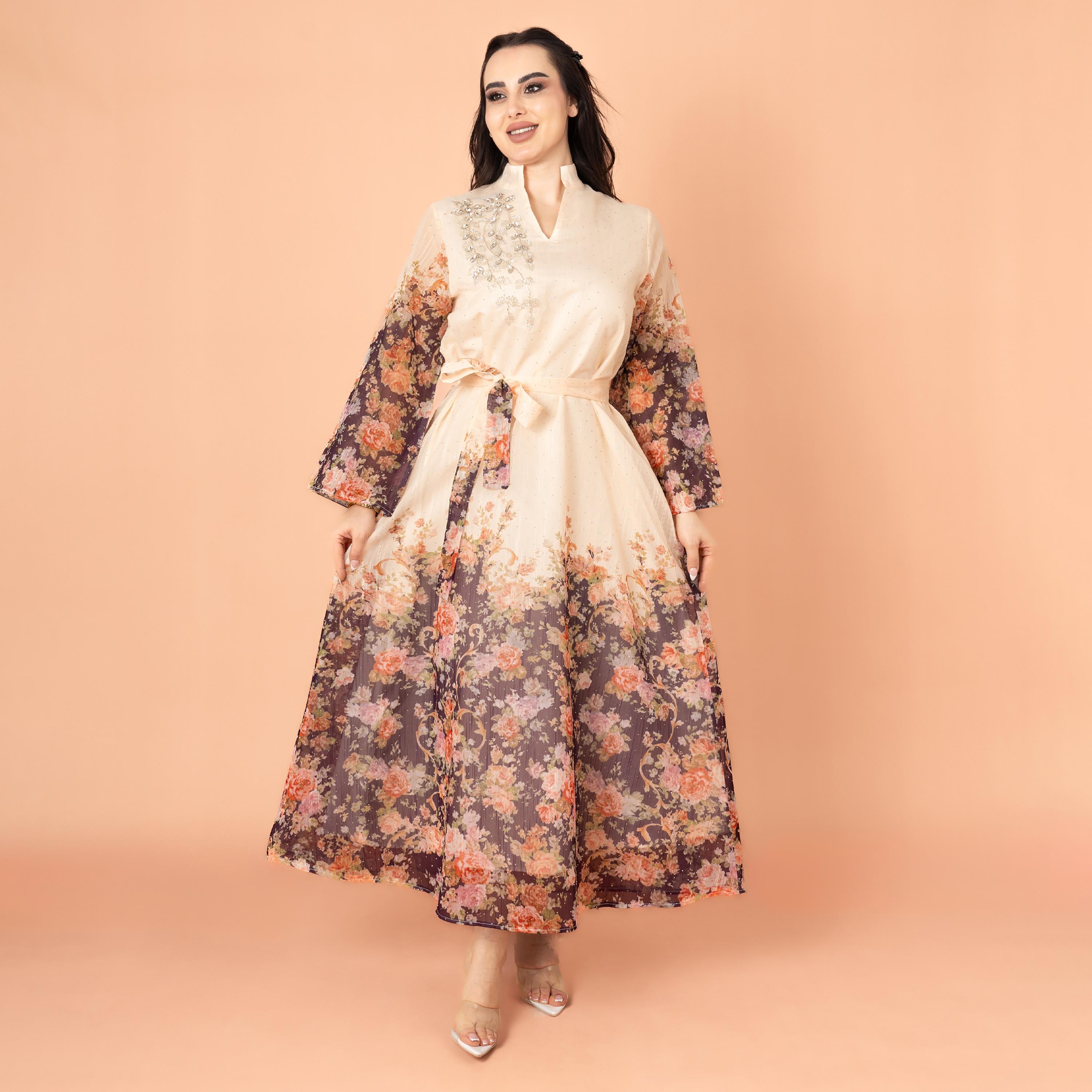 IKKXA Mandarin Collar Floral Print with Crystal Work Evening Women's Jalabiya-women-arabicclothing-jalabiyas-image-10
