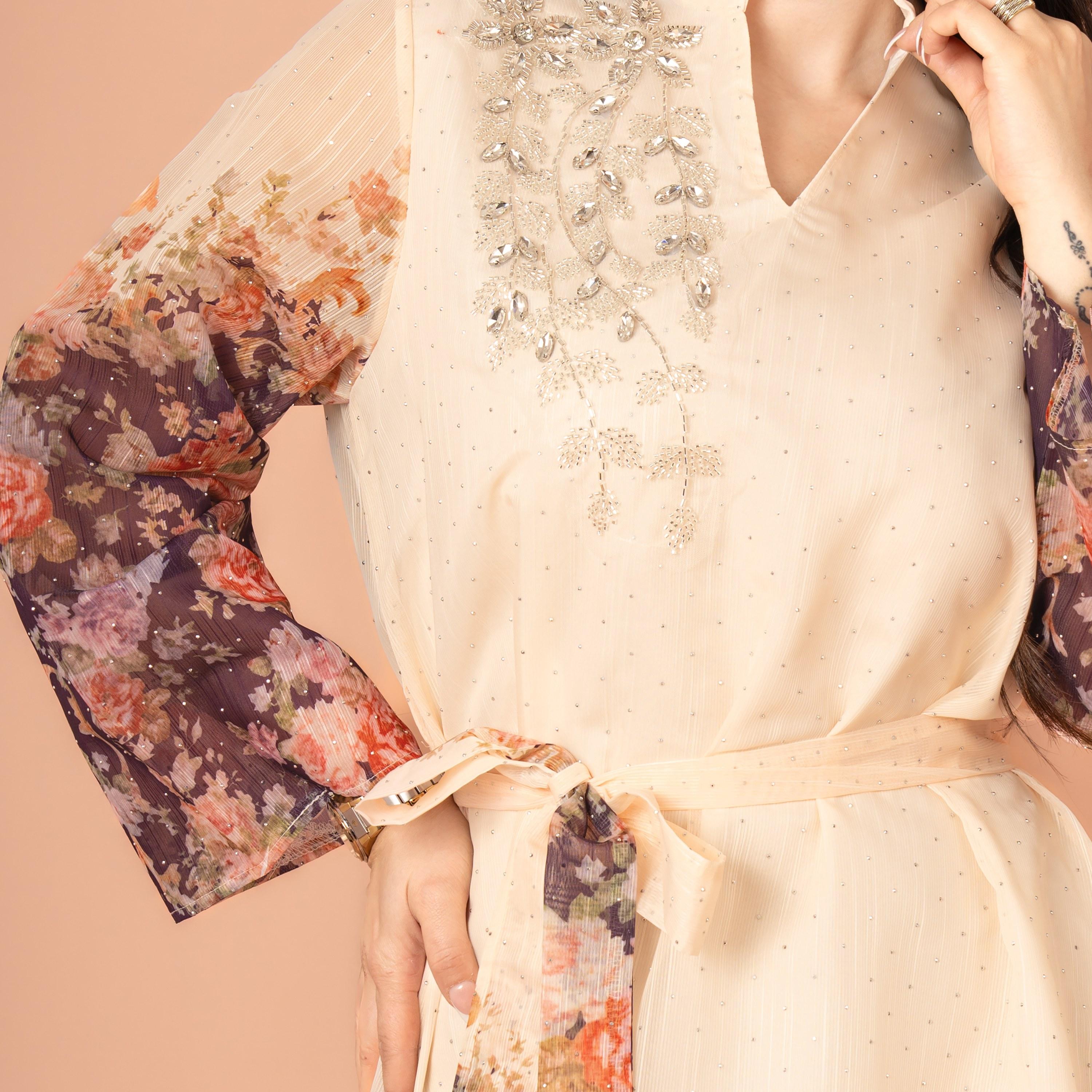IKKXA Mandarin Collar Floral Print with Crystal Work Evening Women's Jalabiya-women-arabicclothing-jalabiyas-image-11